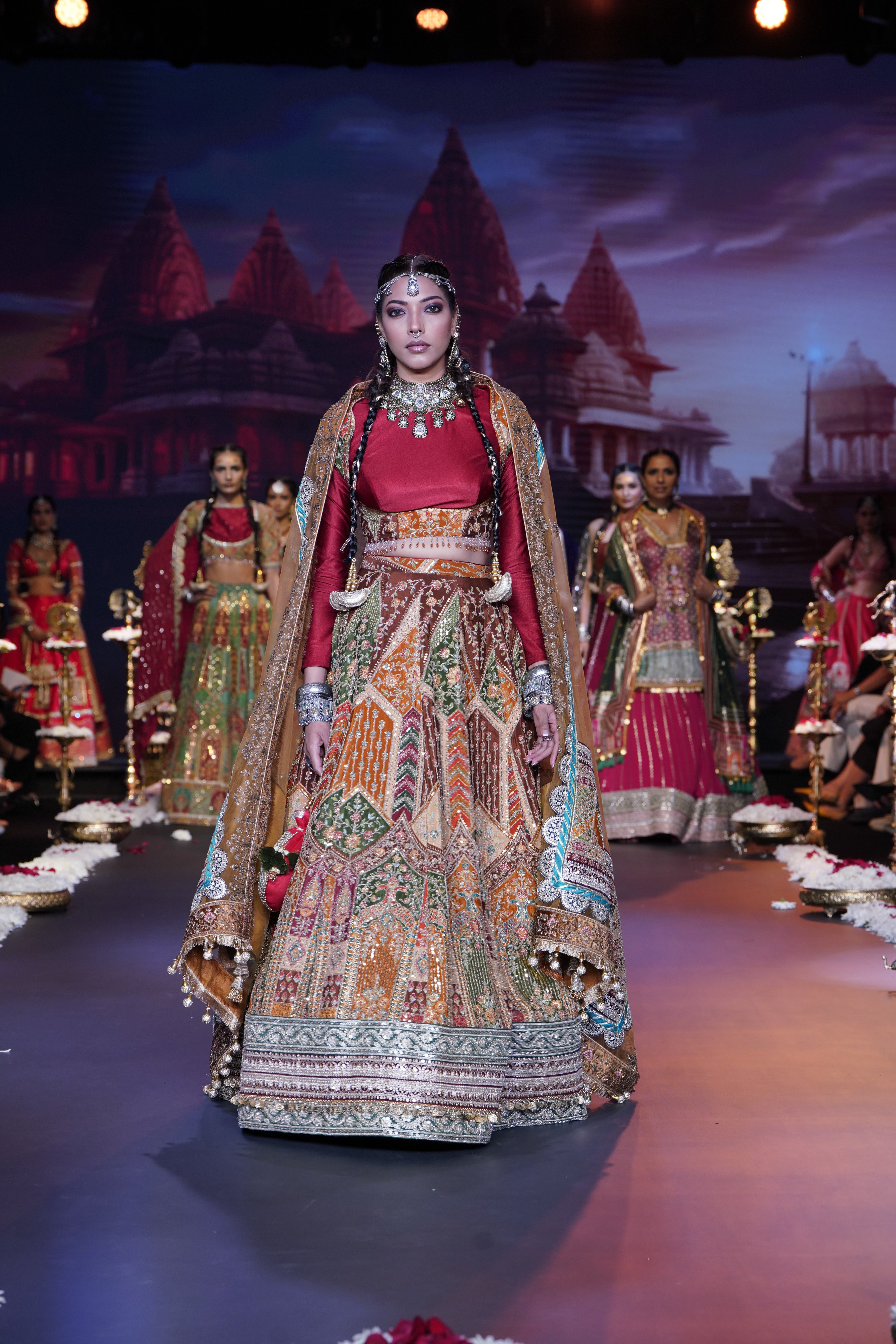 Dual tone red and multi color embroidered lehenga set
