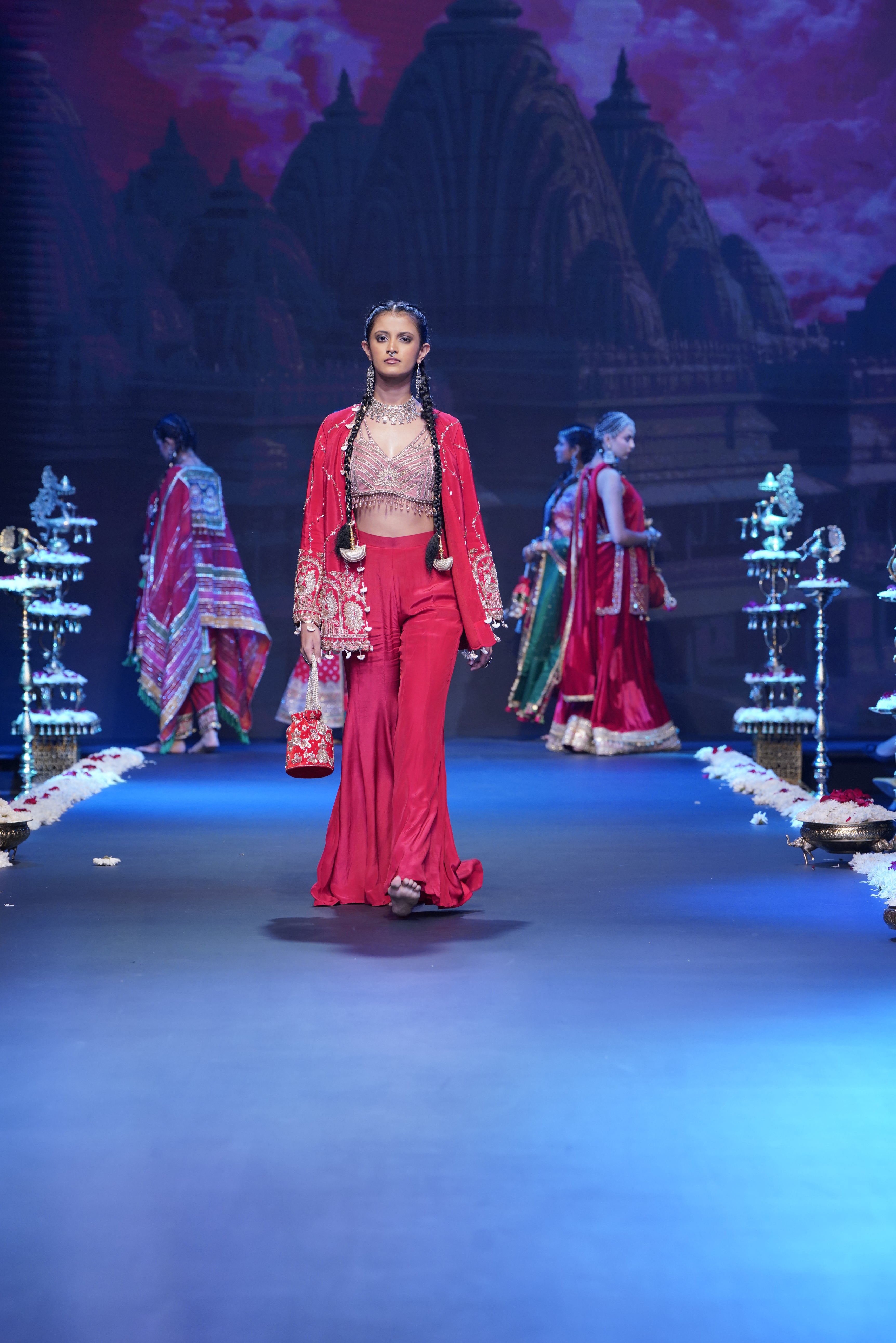 Red three- piece jacket and palazzo set