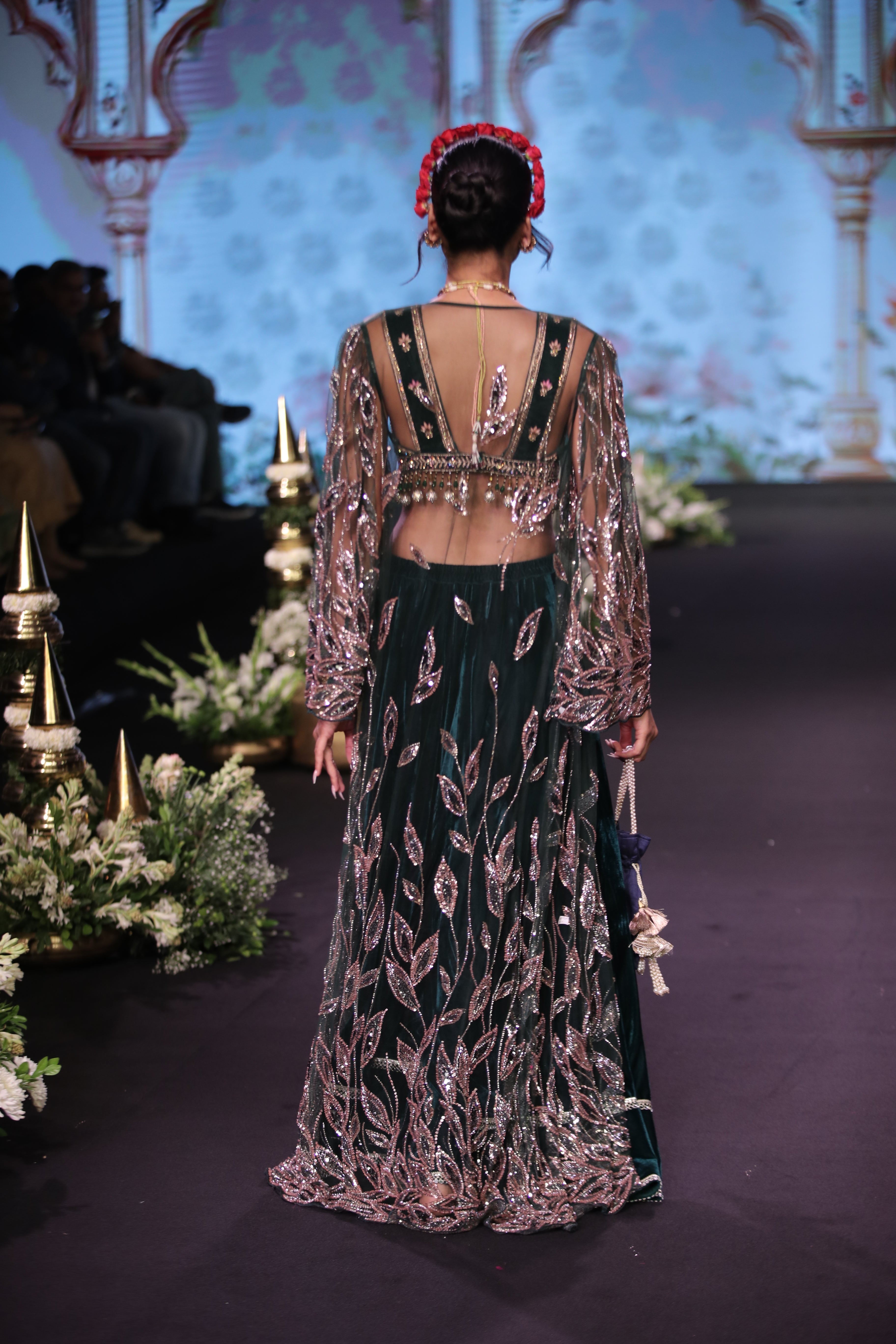 Green velvet embroidered palazzo set with cape