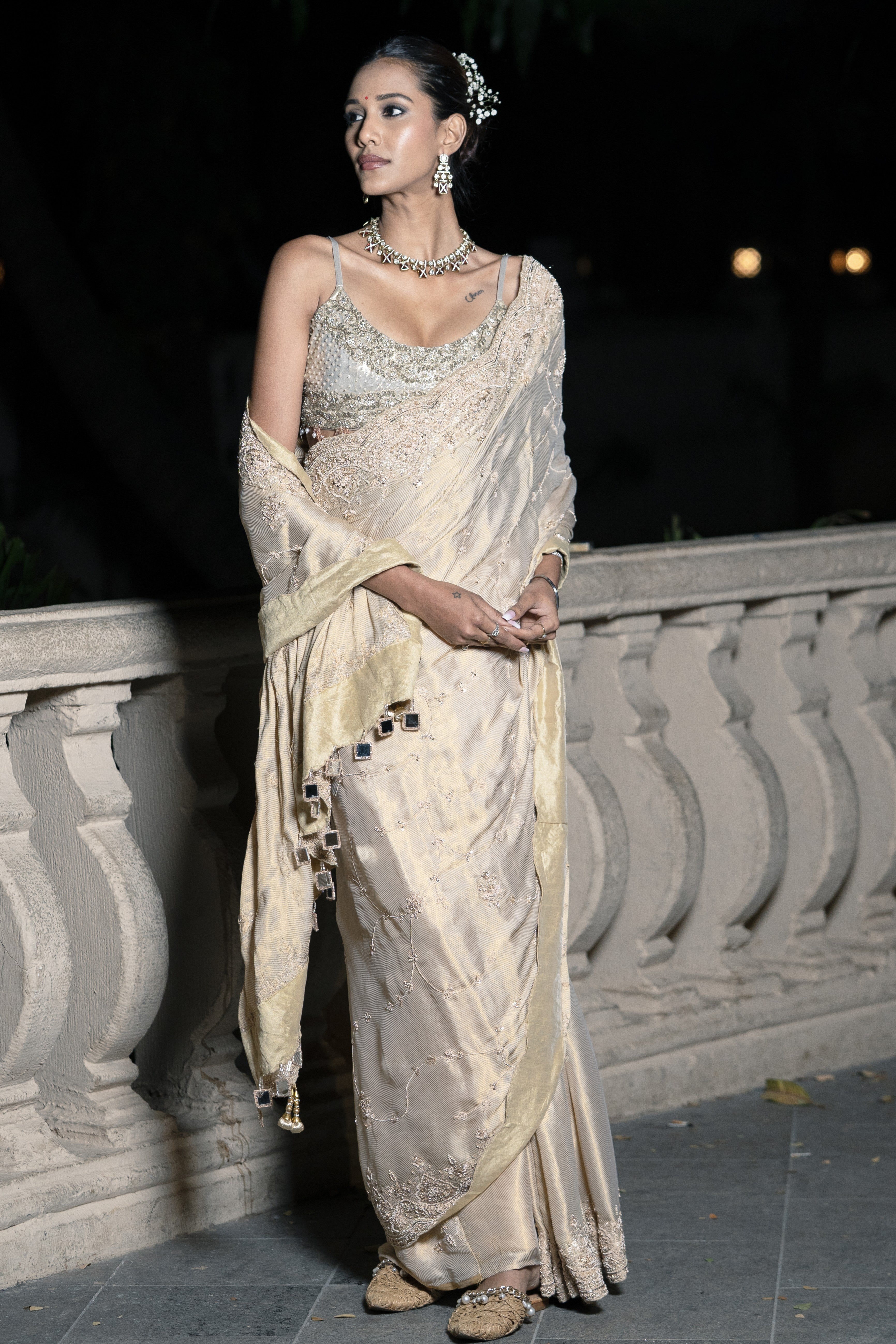 Yellow tissue embroidered saree