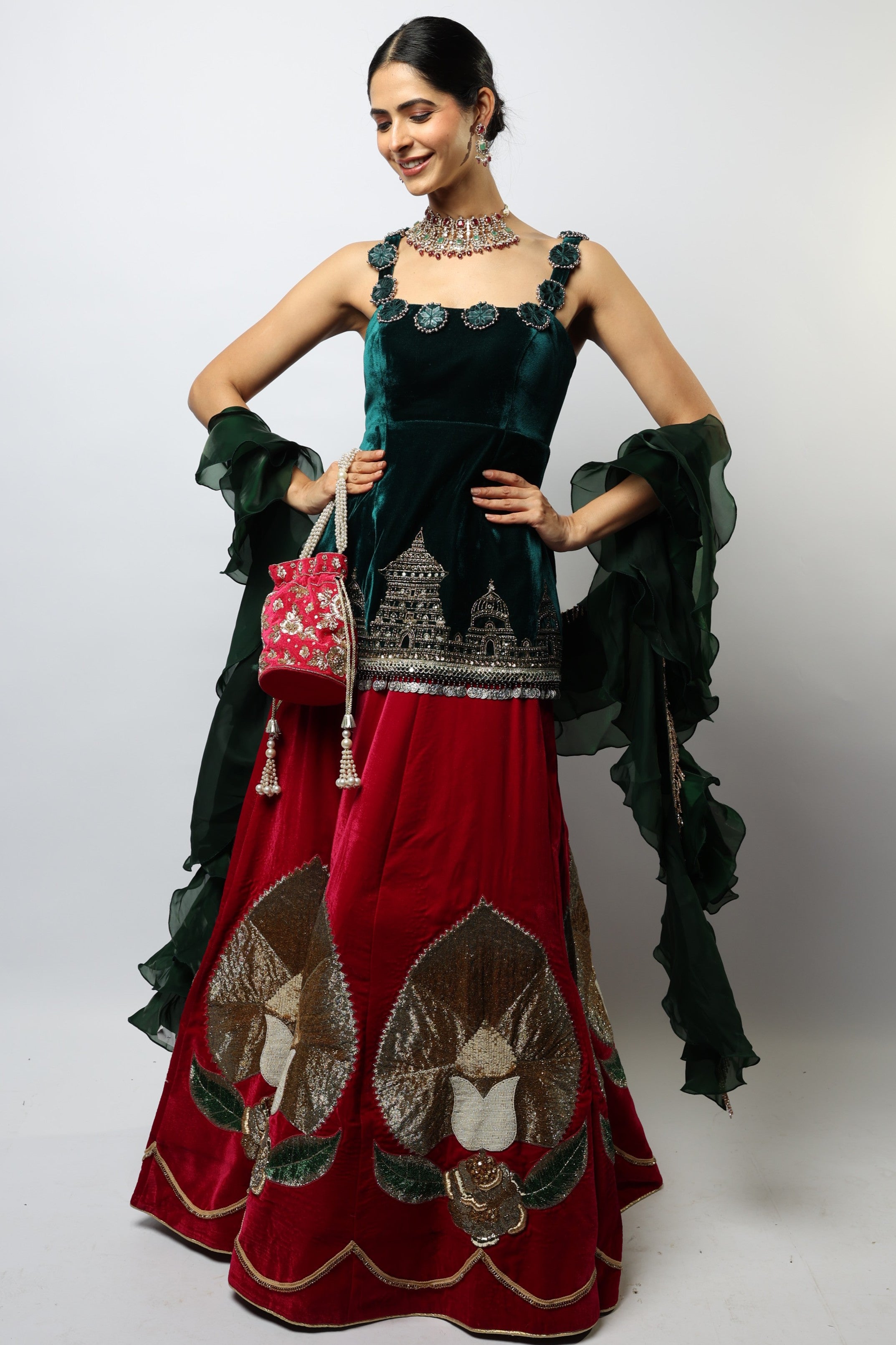 Dual tone green and pink ram mandir inspired lehenga set