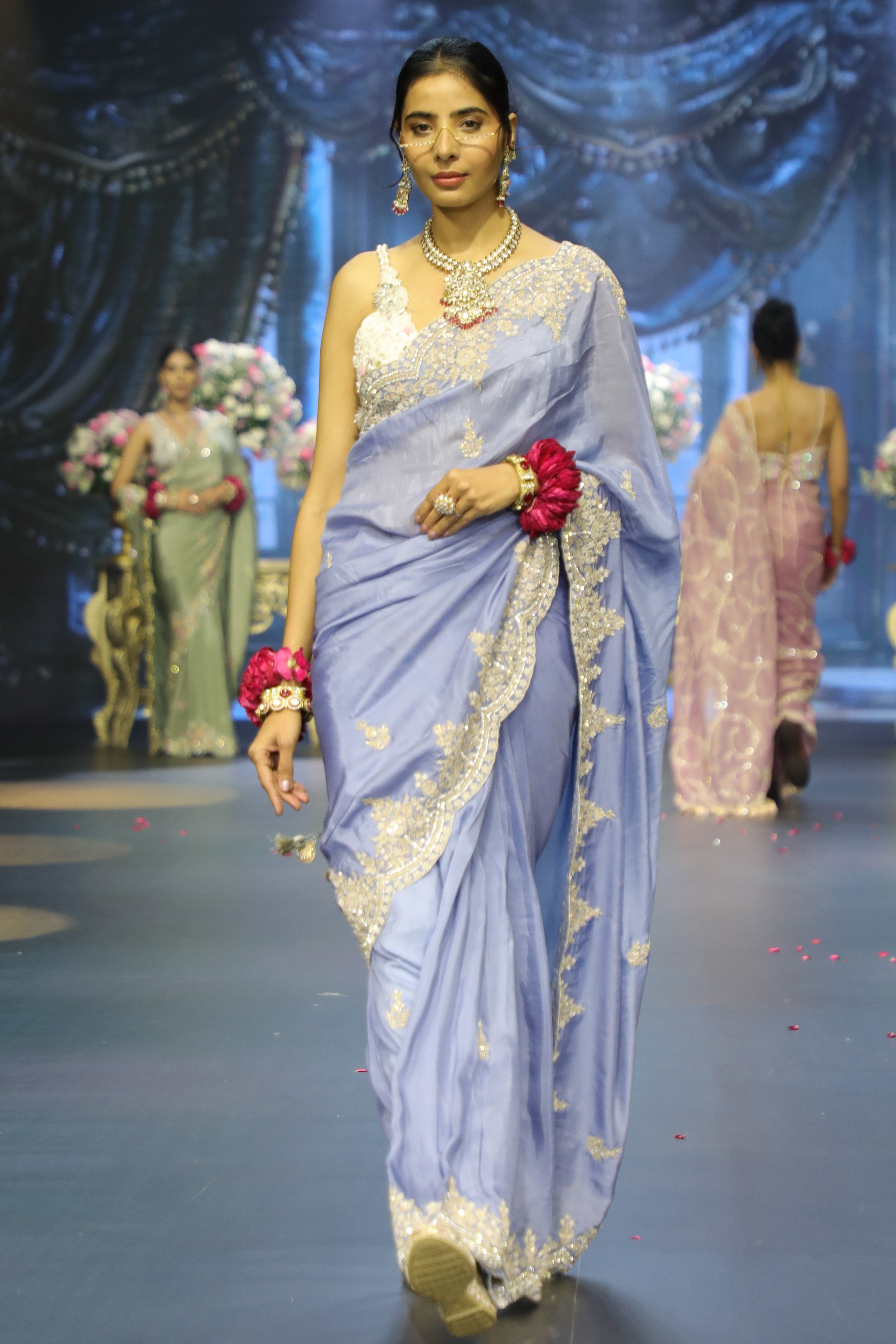 Blue natural crepe Embroidered Saree