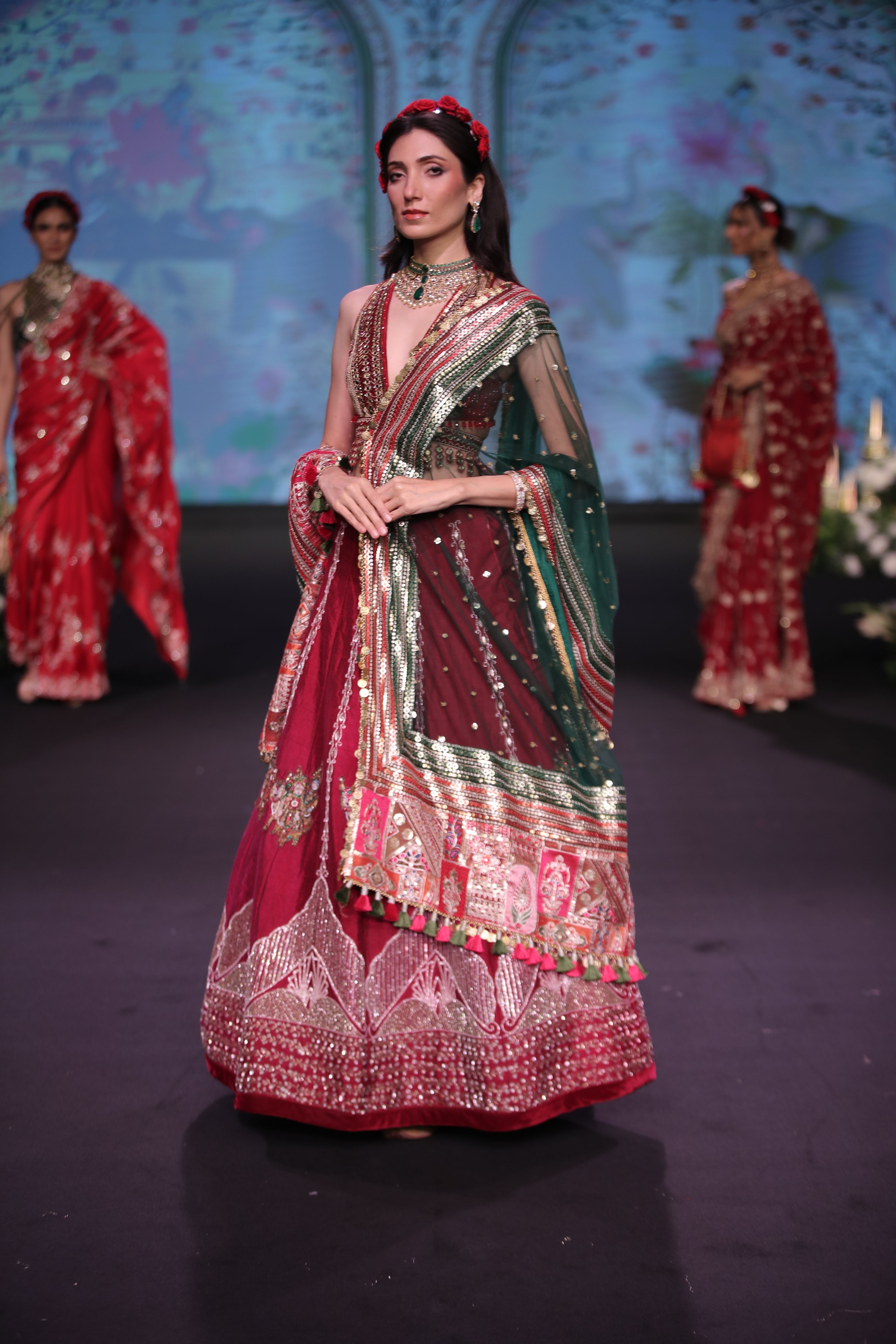 Maroon raw silk embroidered lehenga set