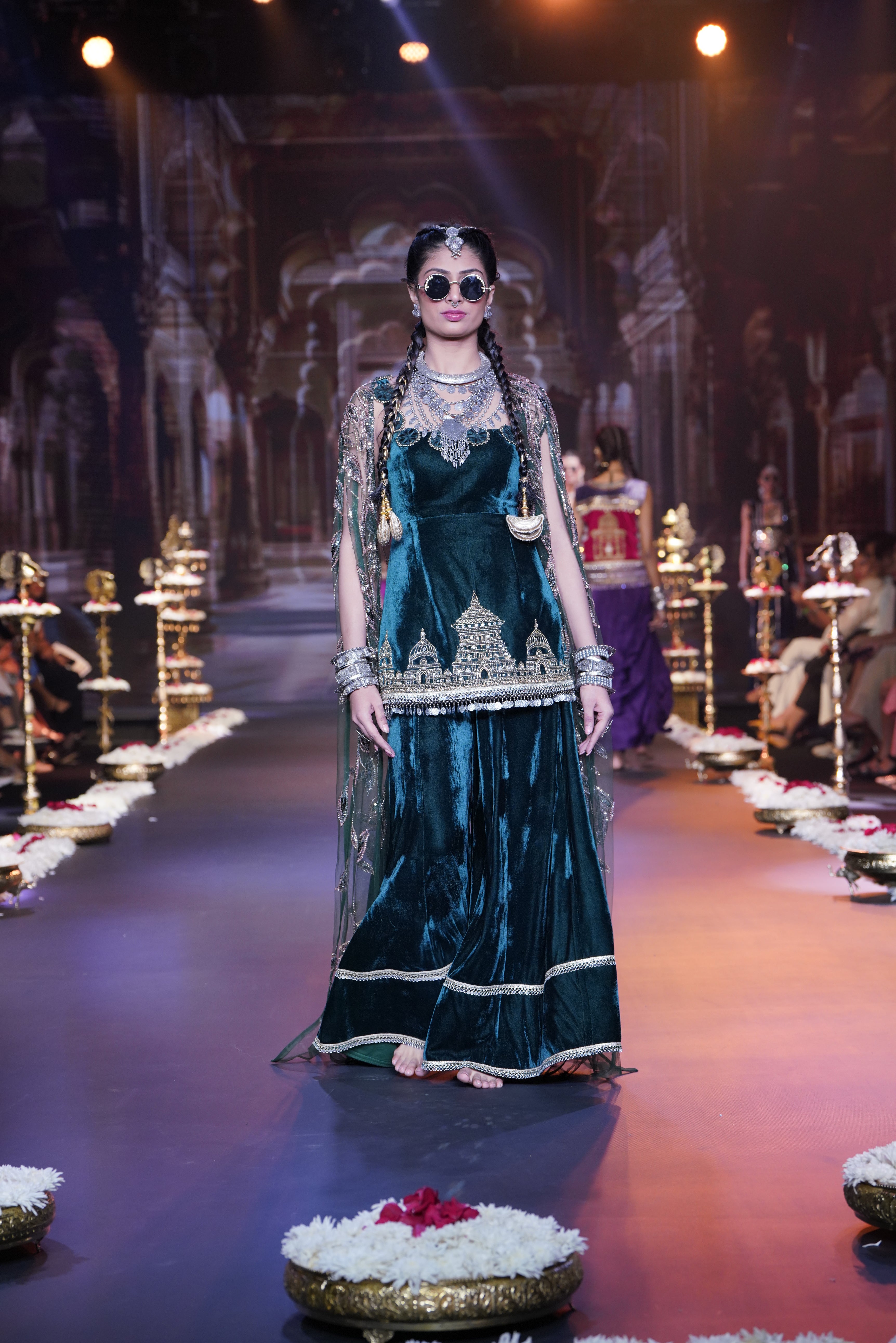Ram mandir inspired green palazzo set with cape