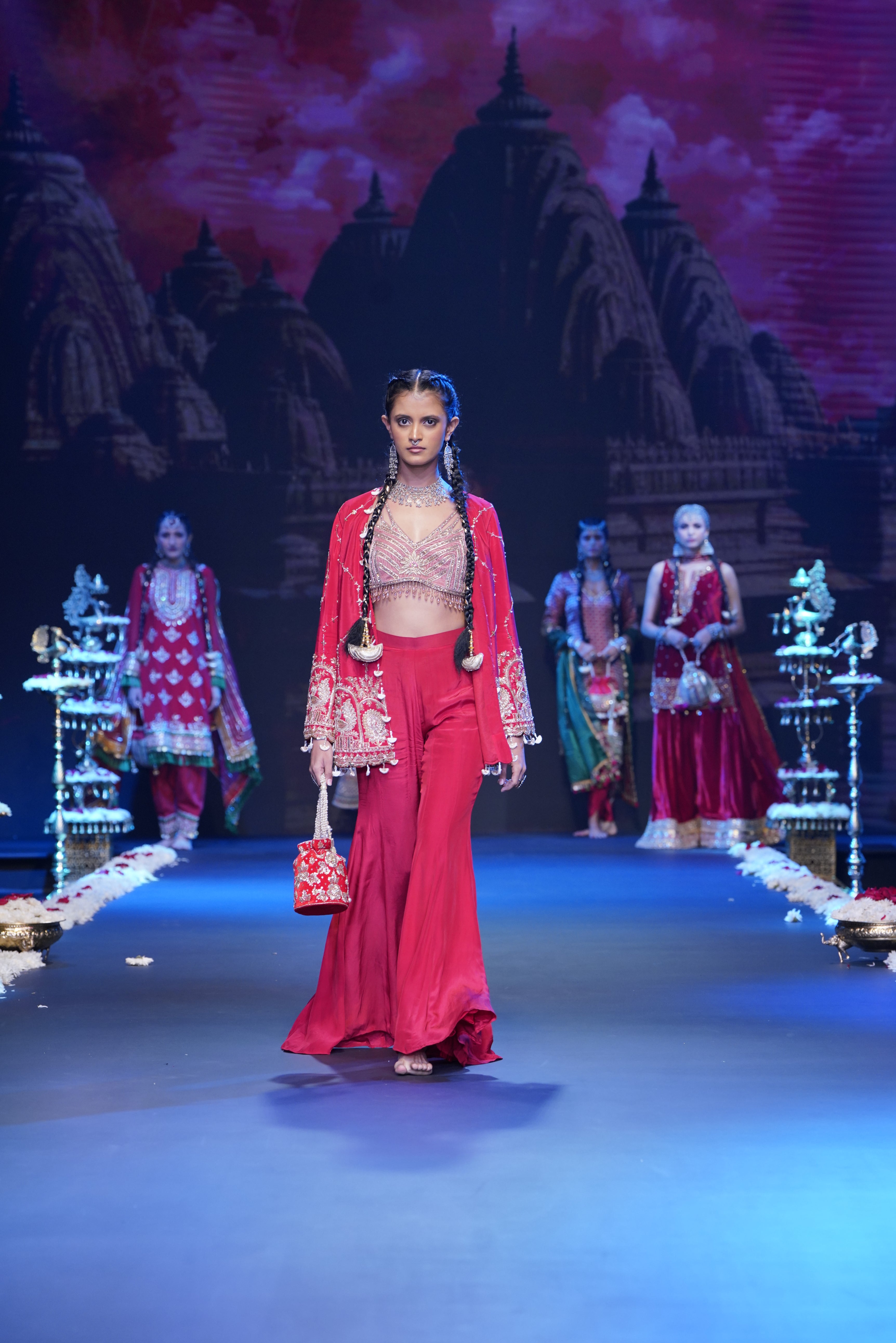 Red three- piece jacket and palazzo set
