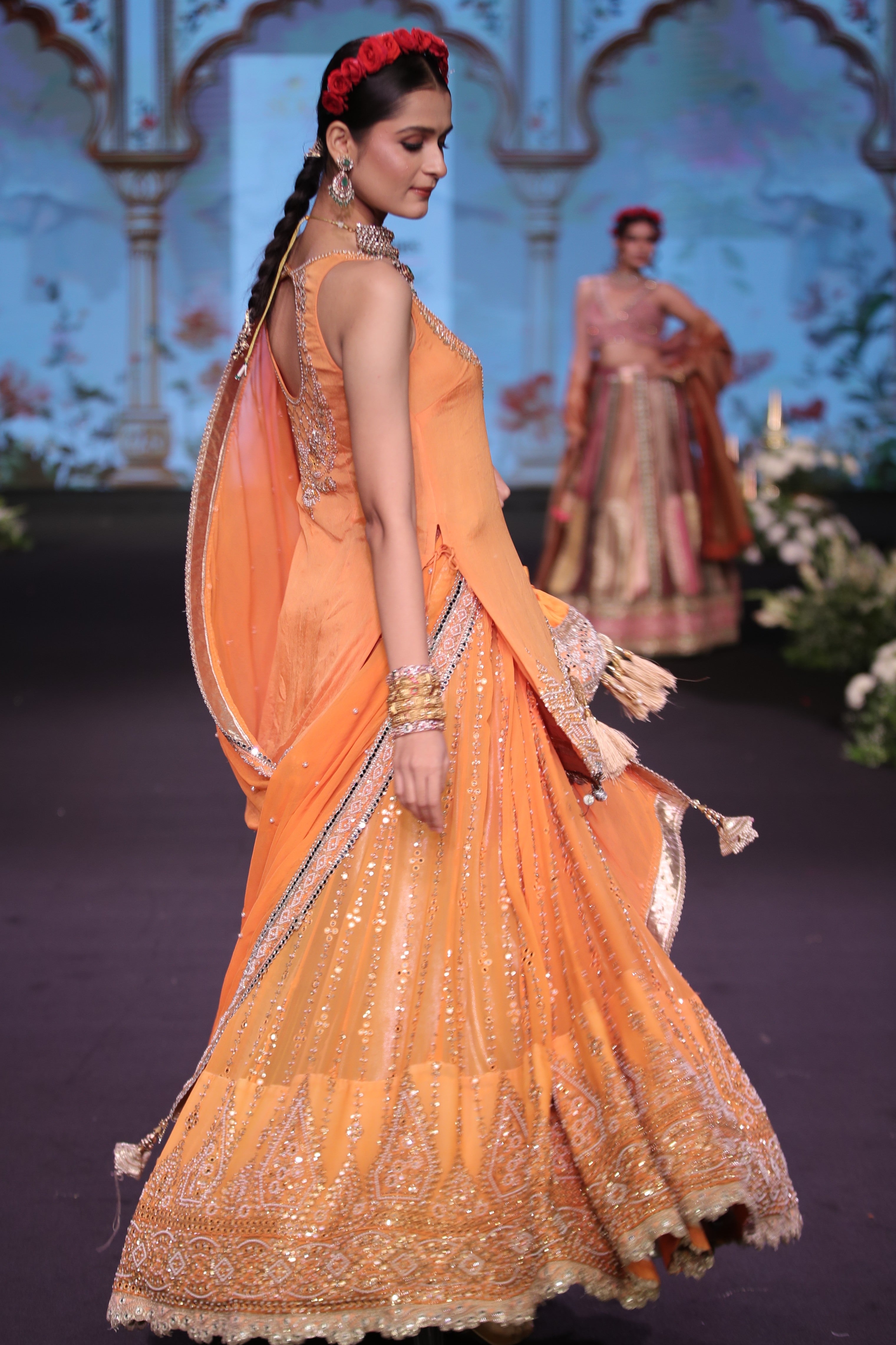 Orange ram mandir inspired embroidered lehenga set