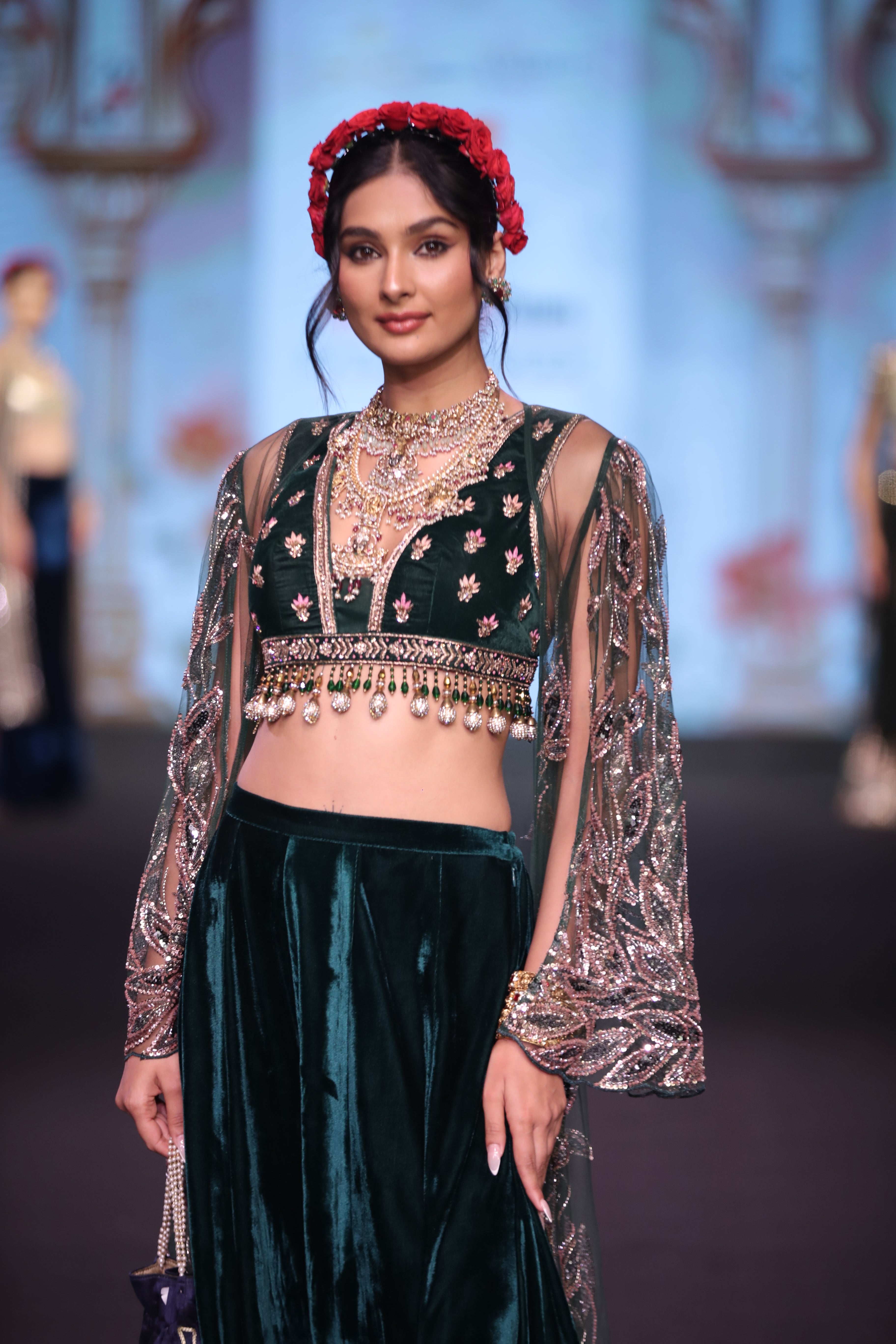 Green velvet embroidered palazzo set with cape