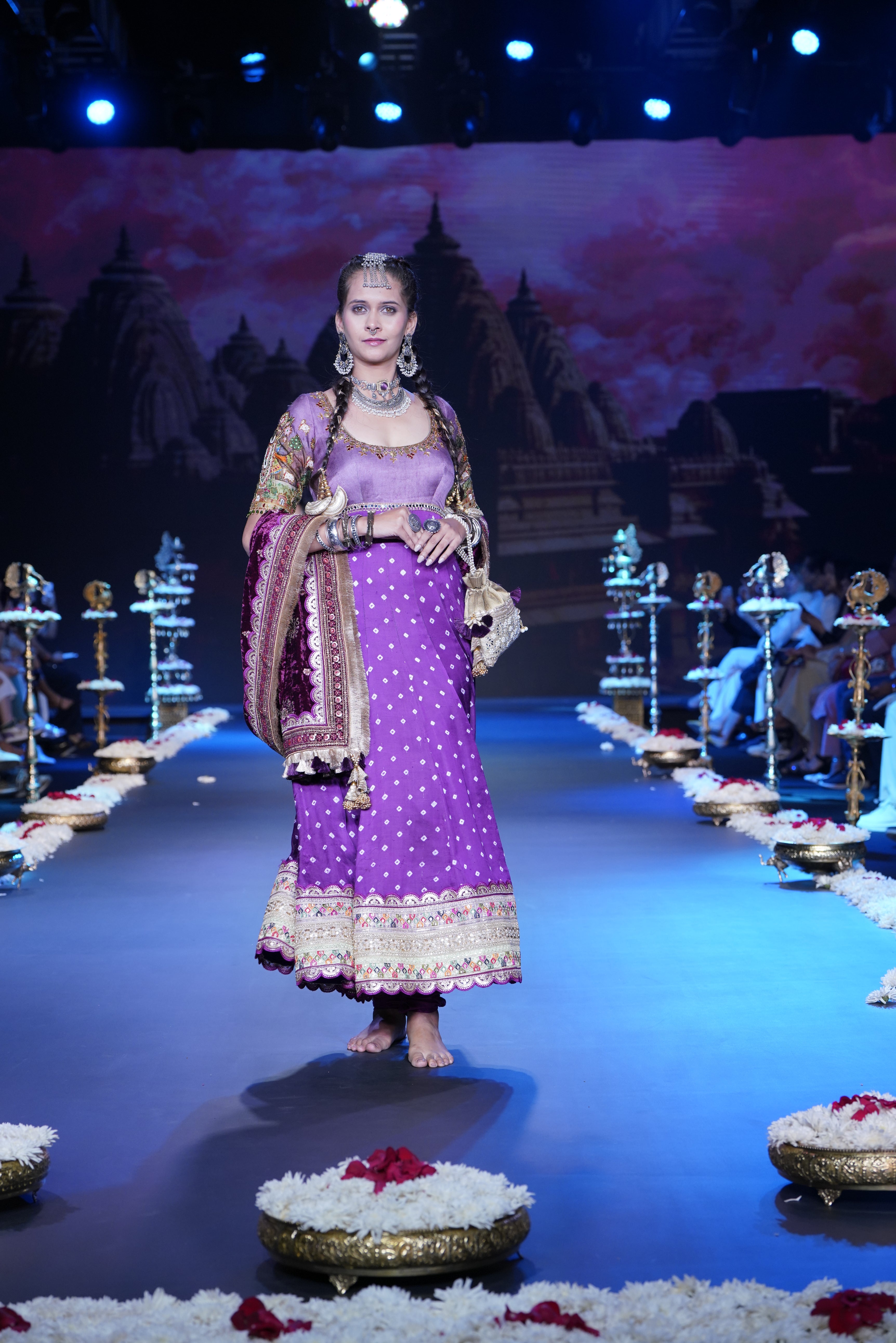 Bandhani Anarkali set with srinathji print on sleeves