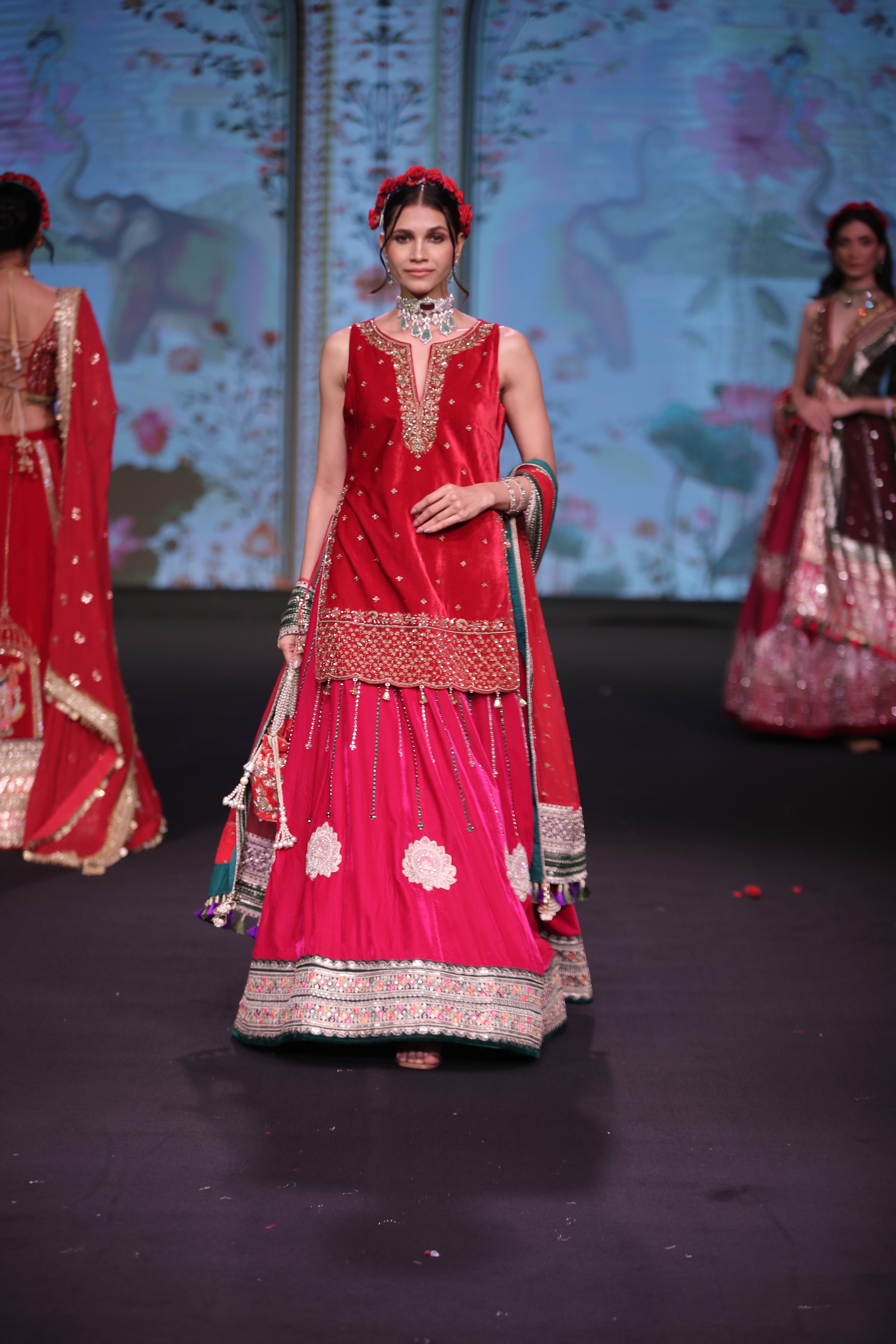 Dual tone red and pink applique work lehenga set