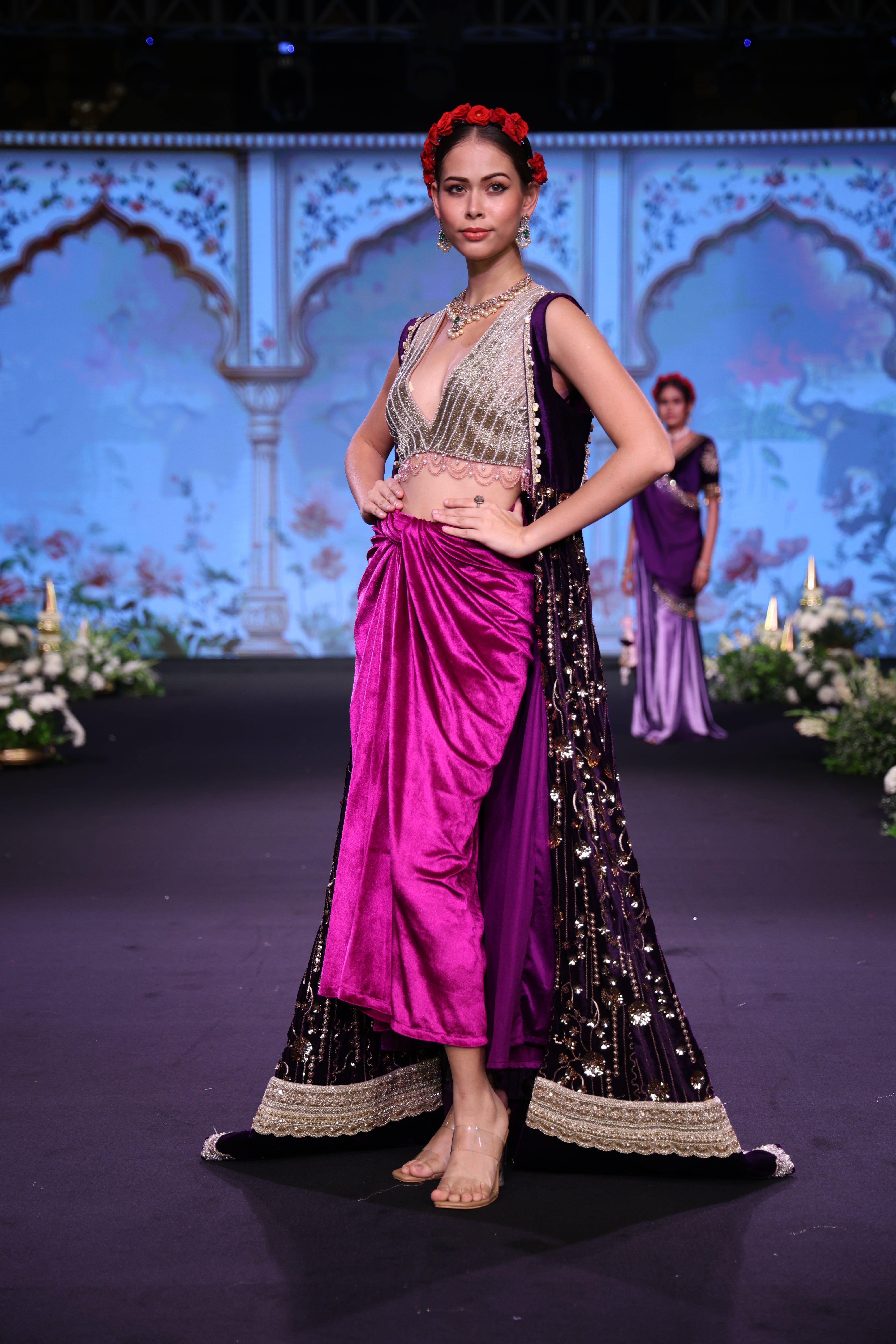 Two toned purple and light gold embroidered three – piece set