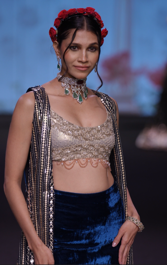 Navy blue embroidered three- piece set