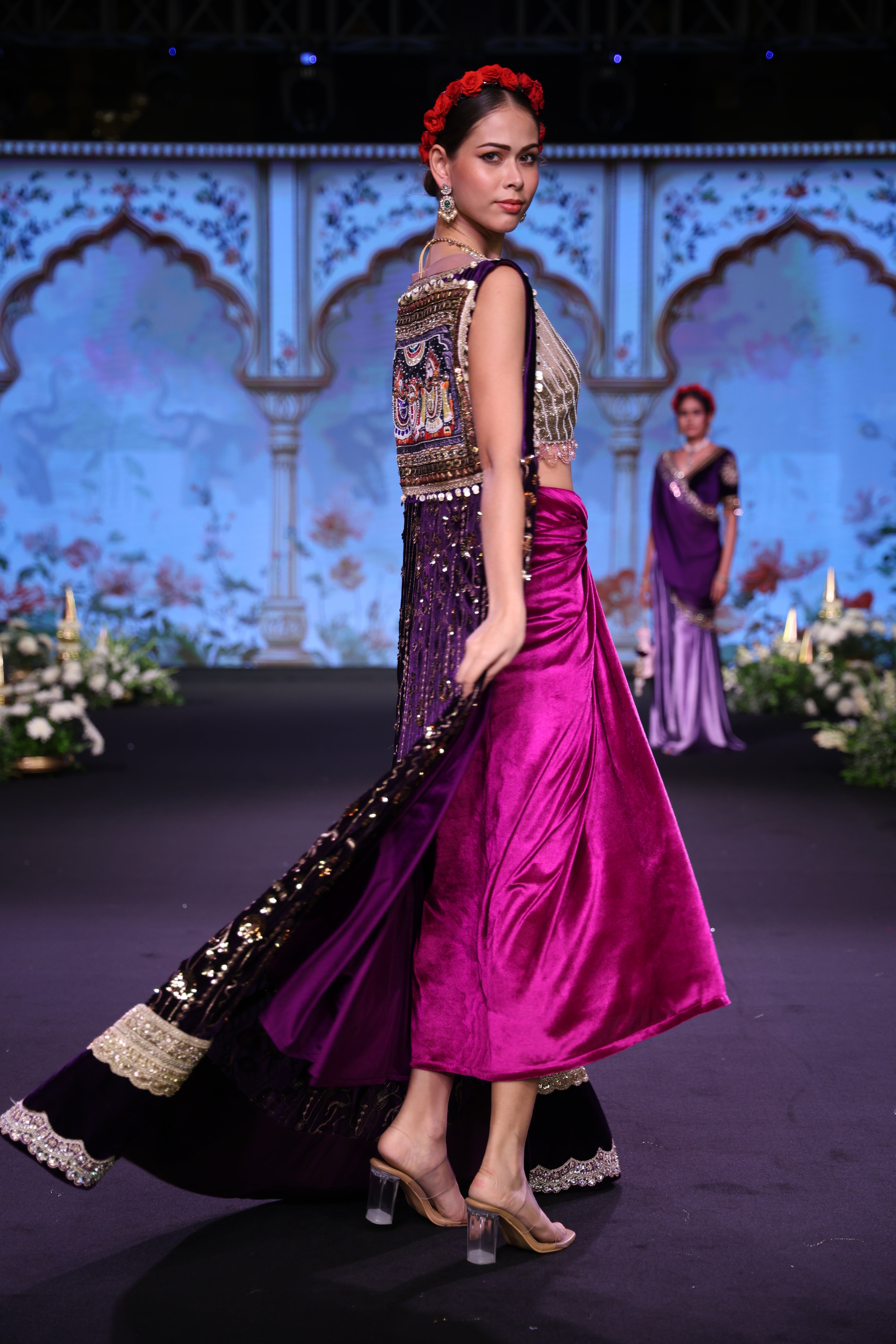 Two toned purple and light gold embroidered three – piece set