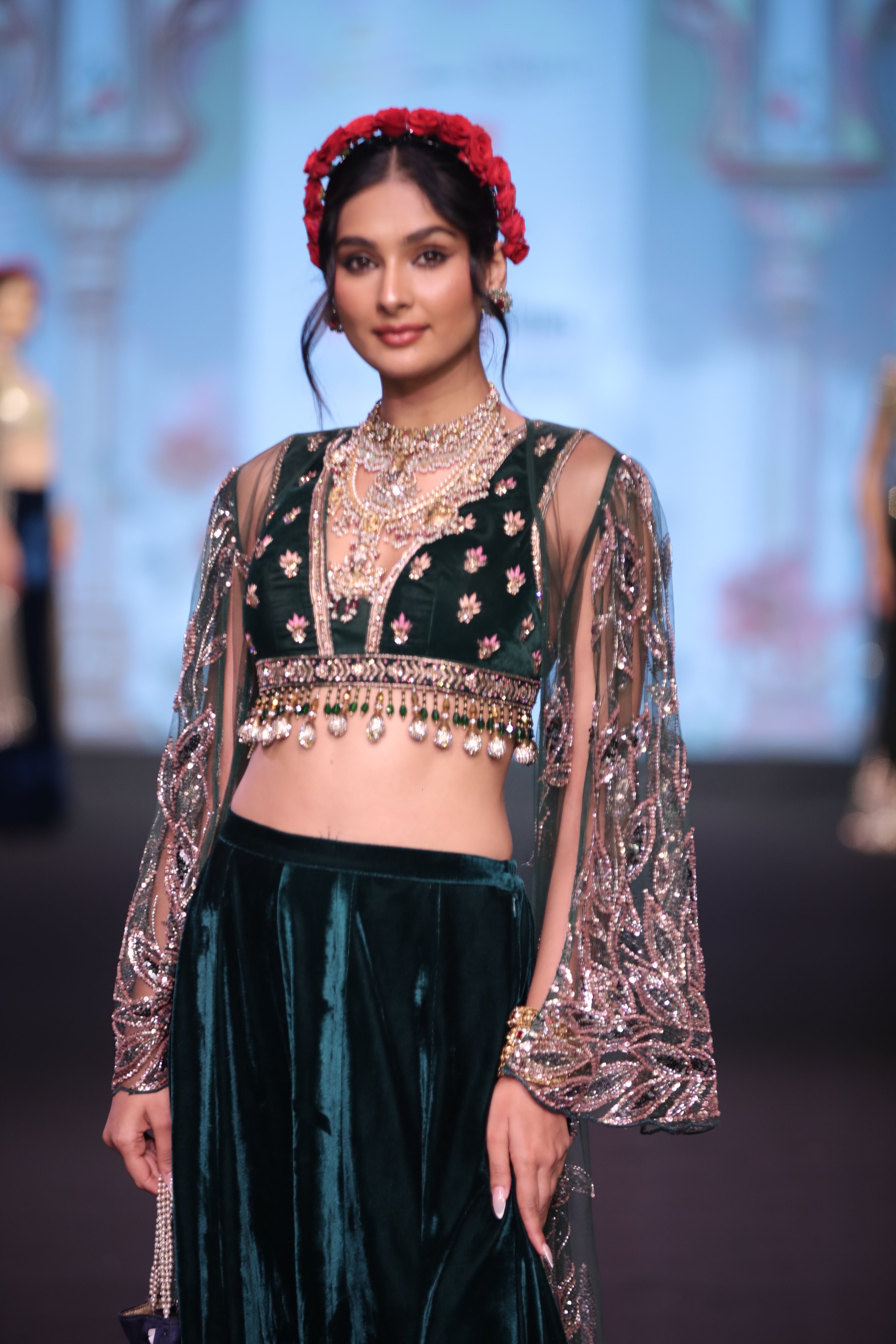 Green velvet embroidered palazzo set with cape