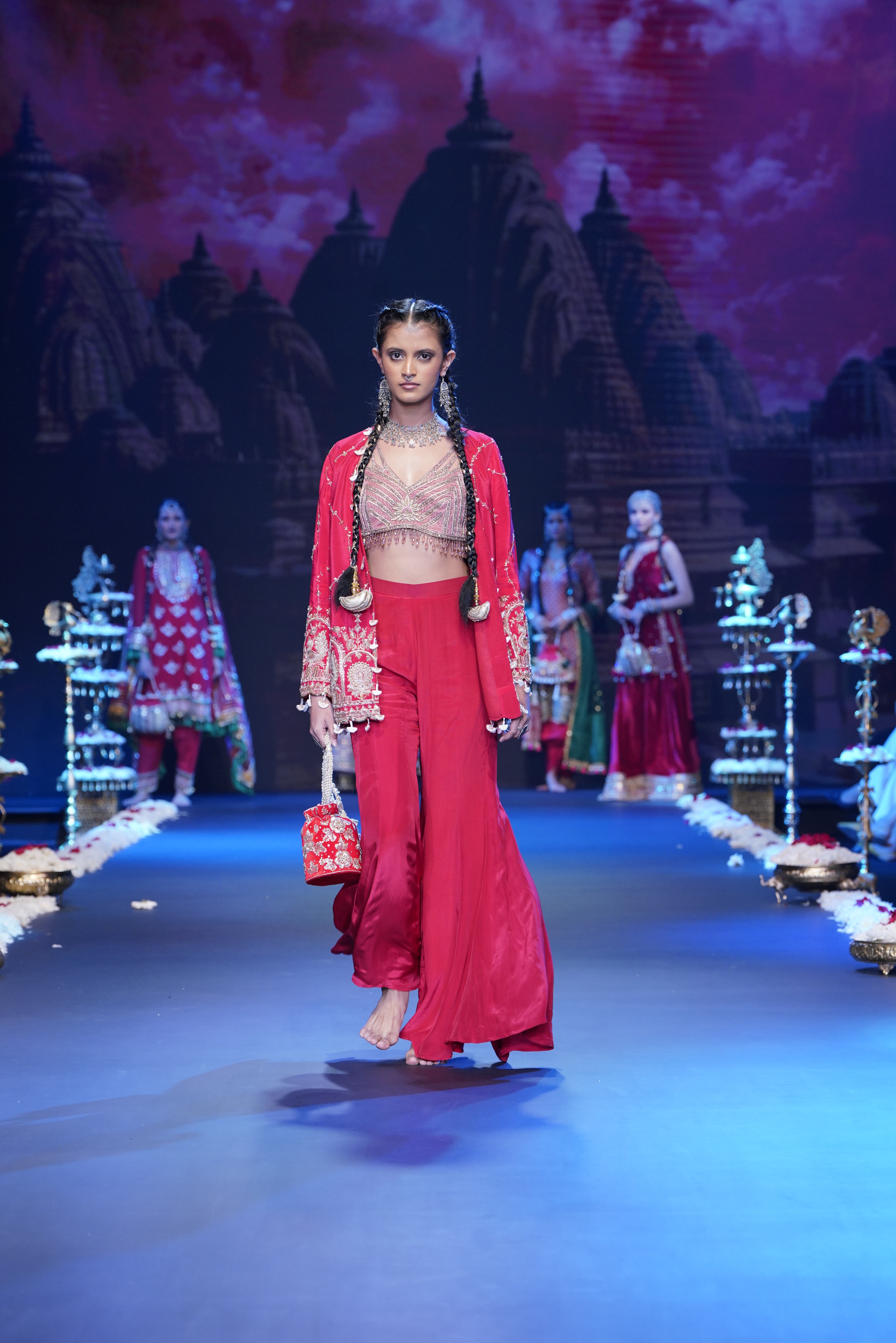 Red three- piece jacket and palazzo set
