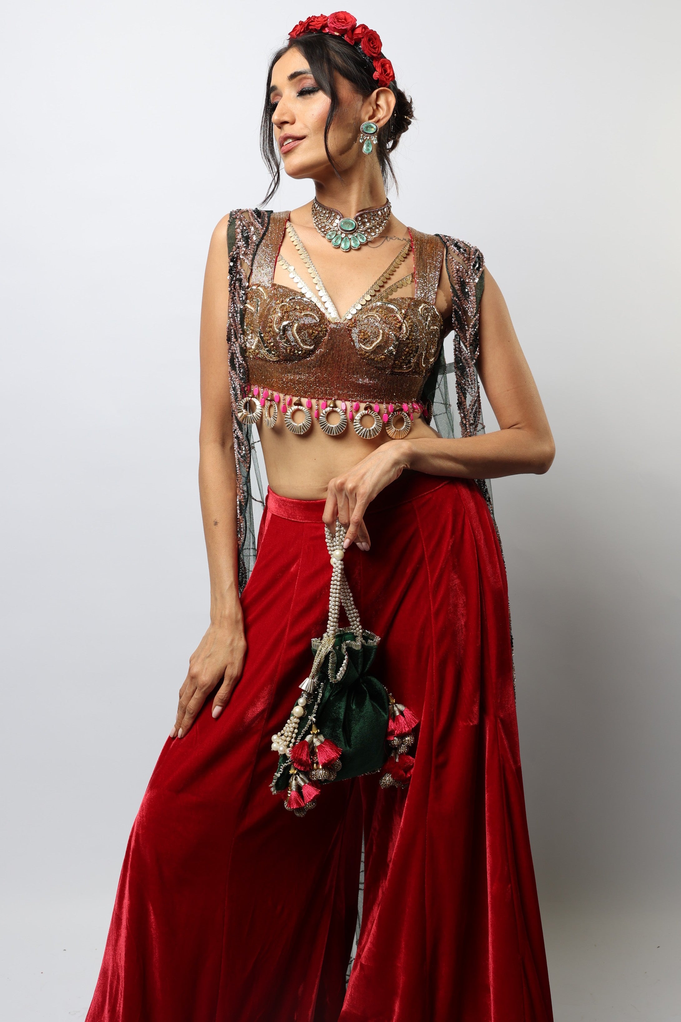 Red palazzo set and cape with jaganath embroidered print