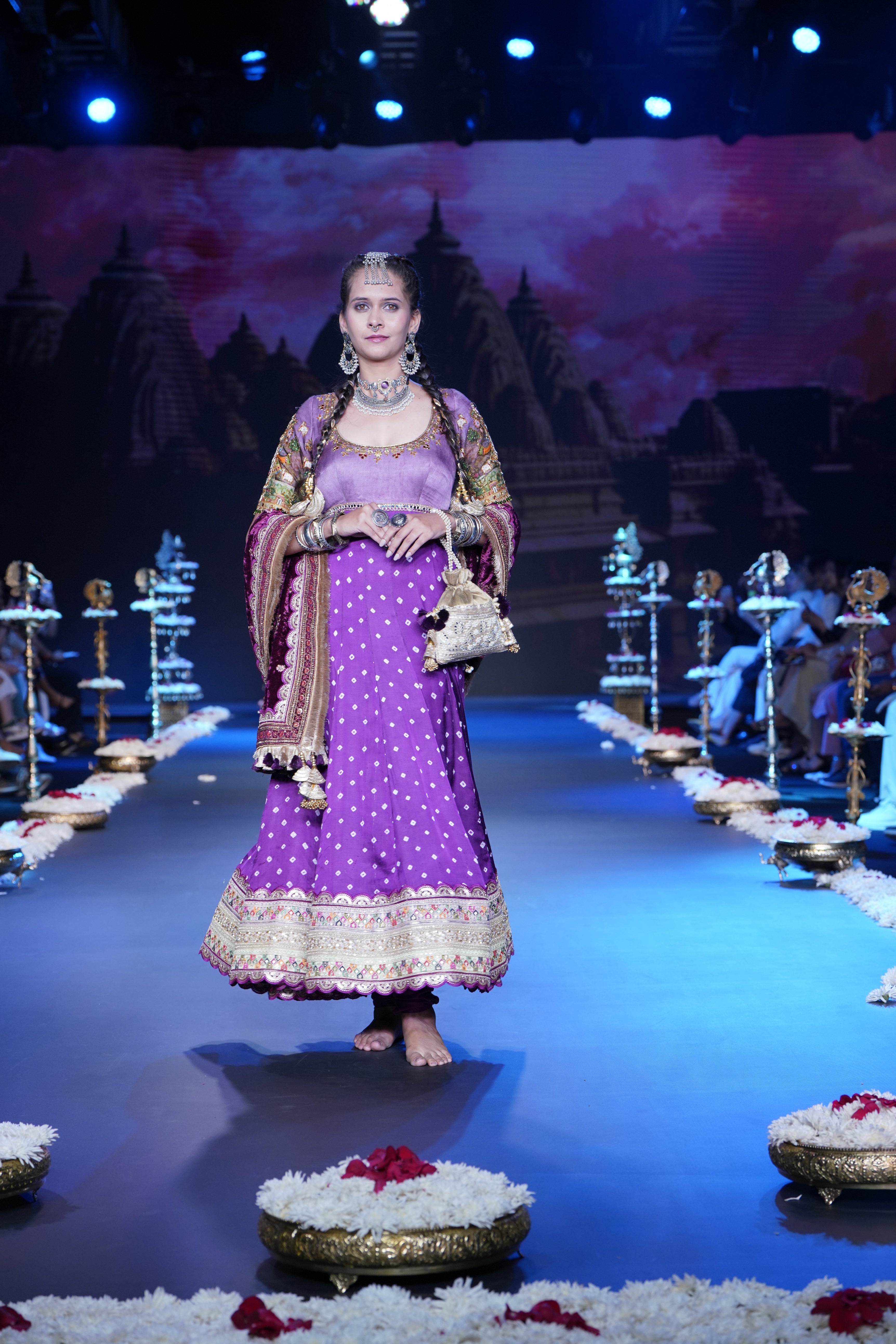 Bandhani Anarkali set with srinathji print on sleeves