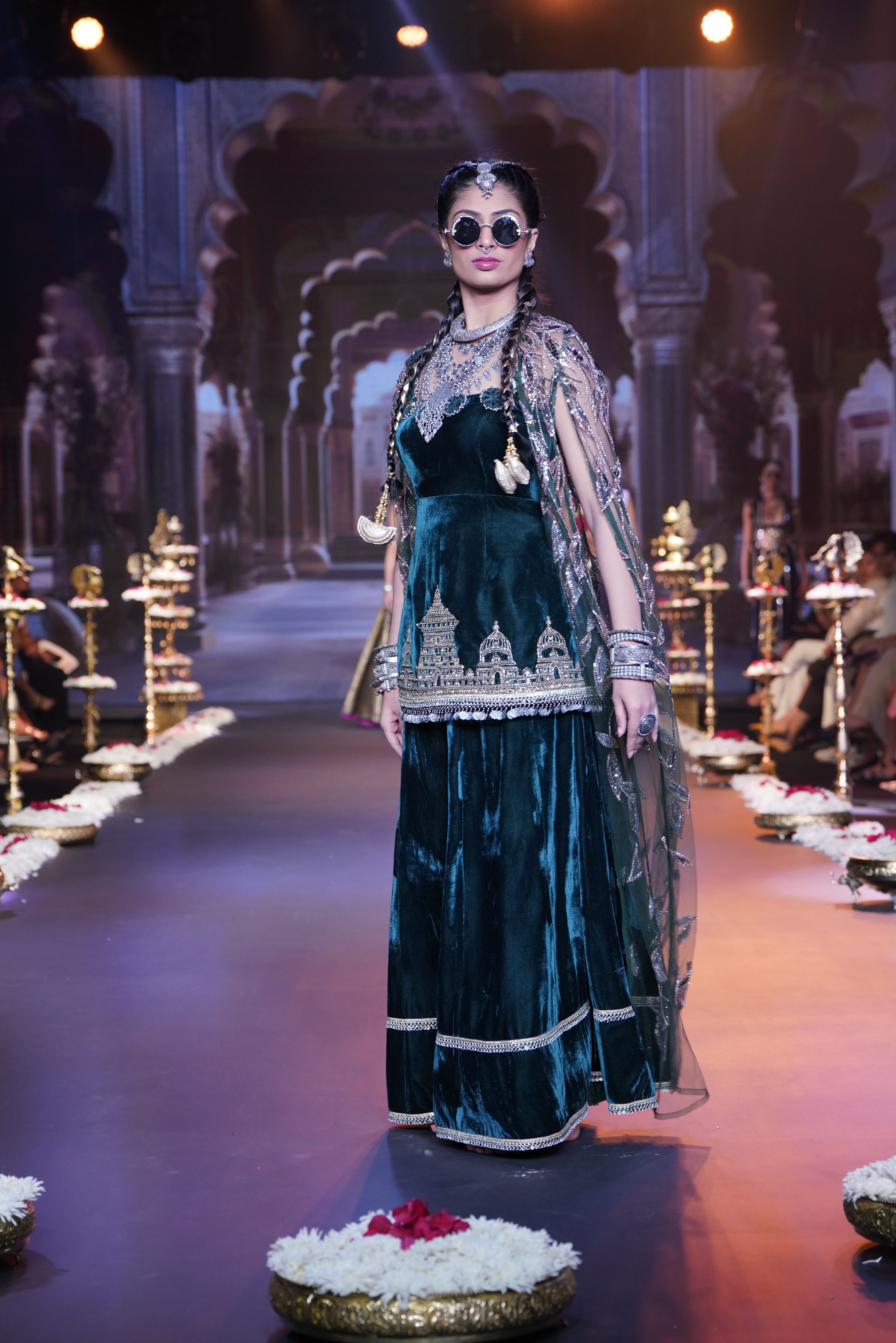 Ram mandir inspired green palazzo set with cape