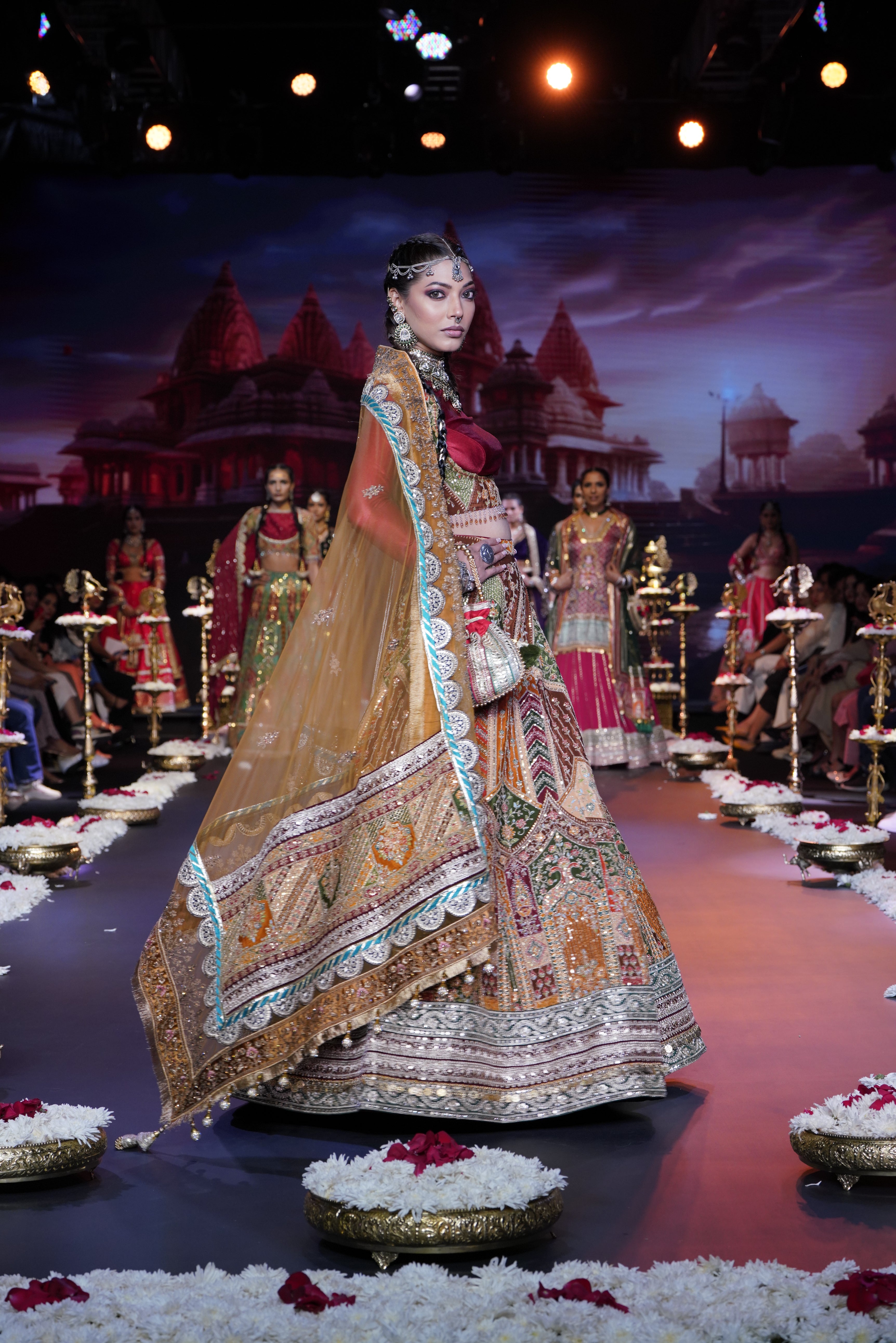Dual tone red and multi color embroidered lehenga set