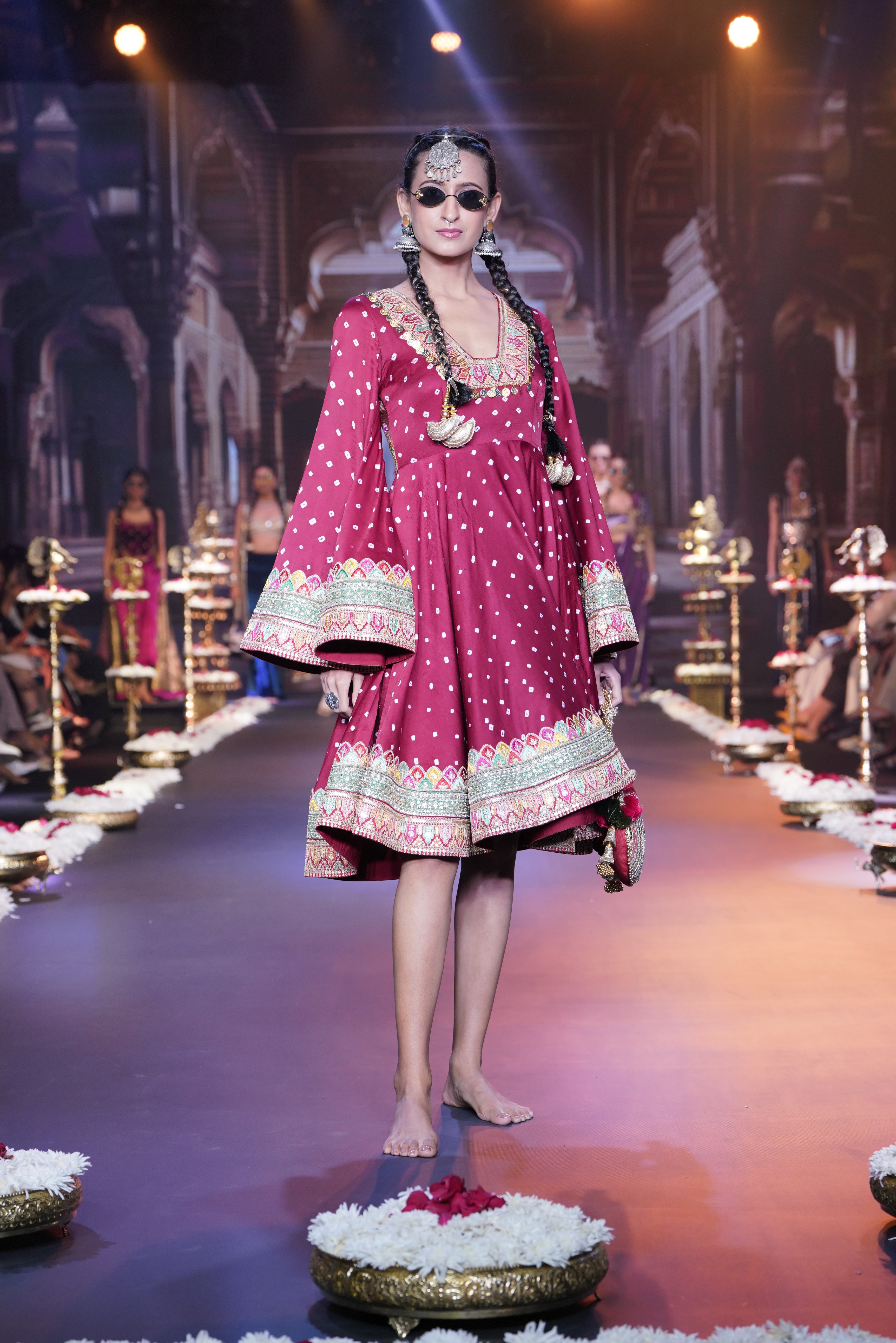 Red bandhani dress with srinathji print