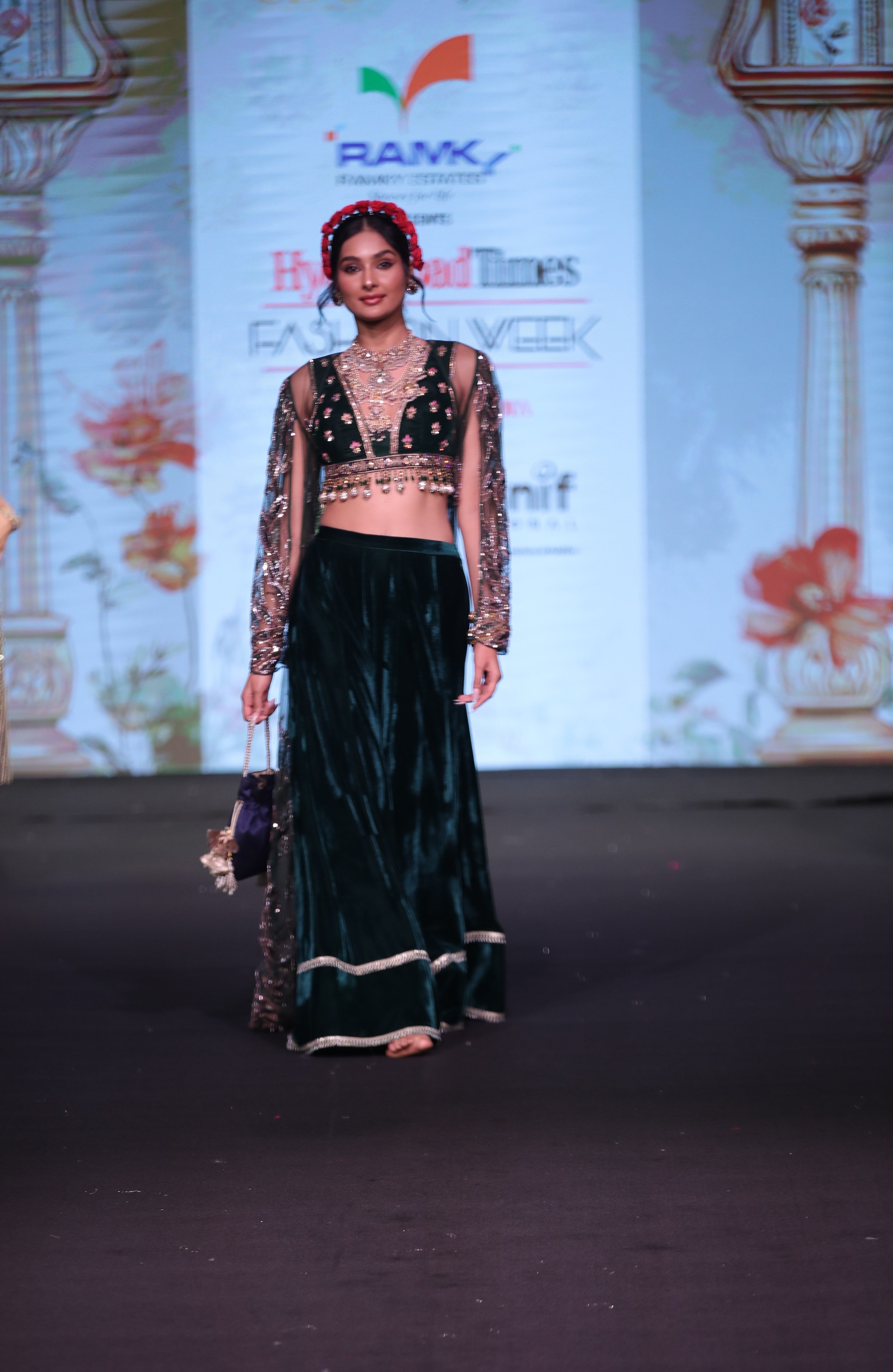 Green velvet embroidered palazzo set with cape
