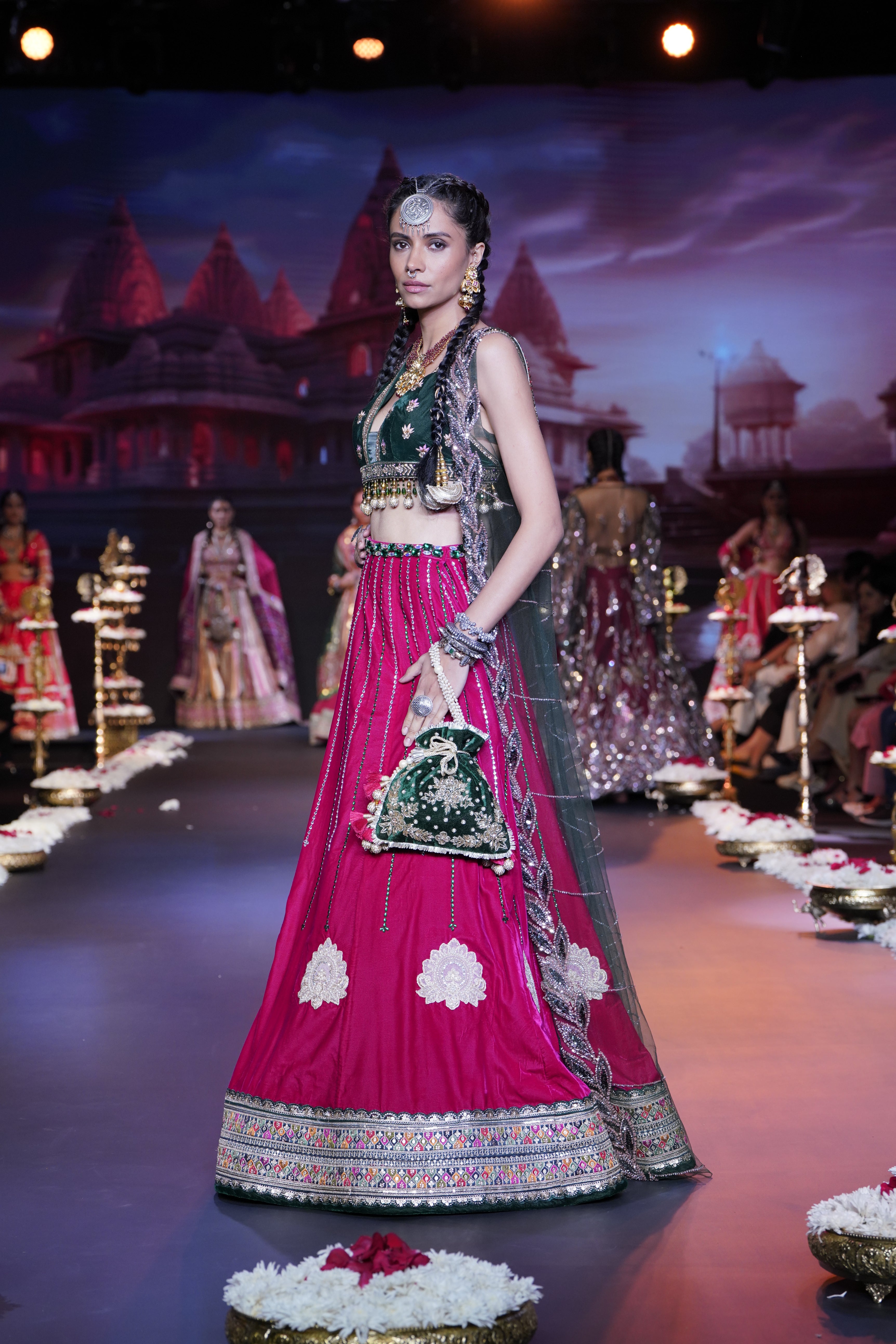 Dual tone lehenga set with jagannath print on cape