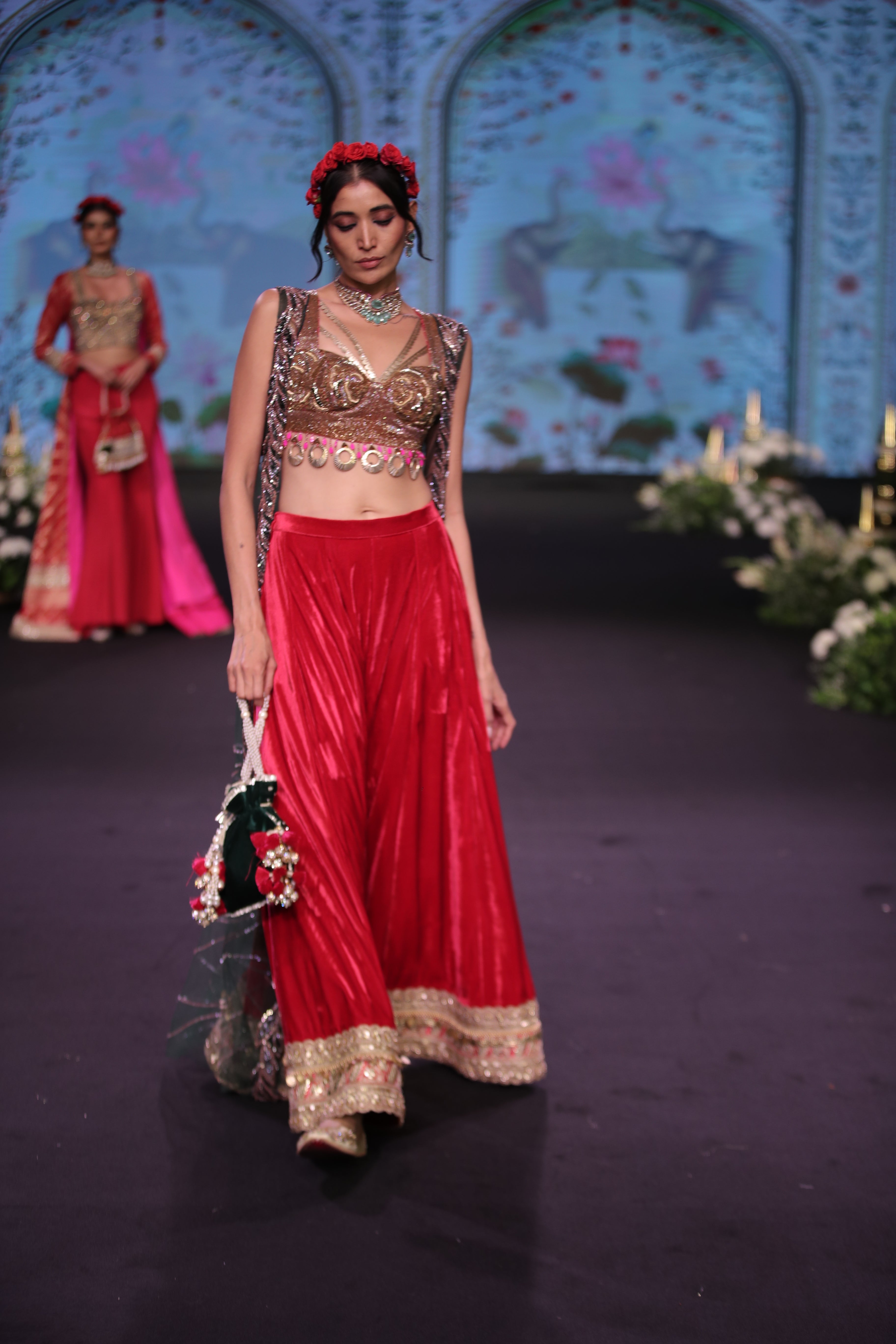 Red palazzo set and cape with jaganath embroidered print
