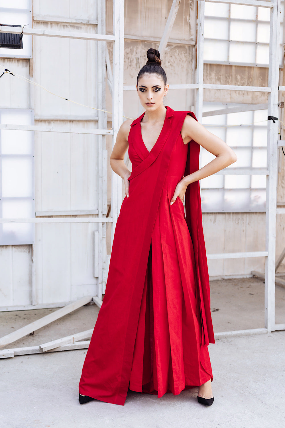 sleek collar neckline and have back zip closure.