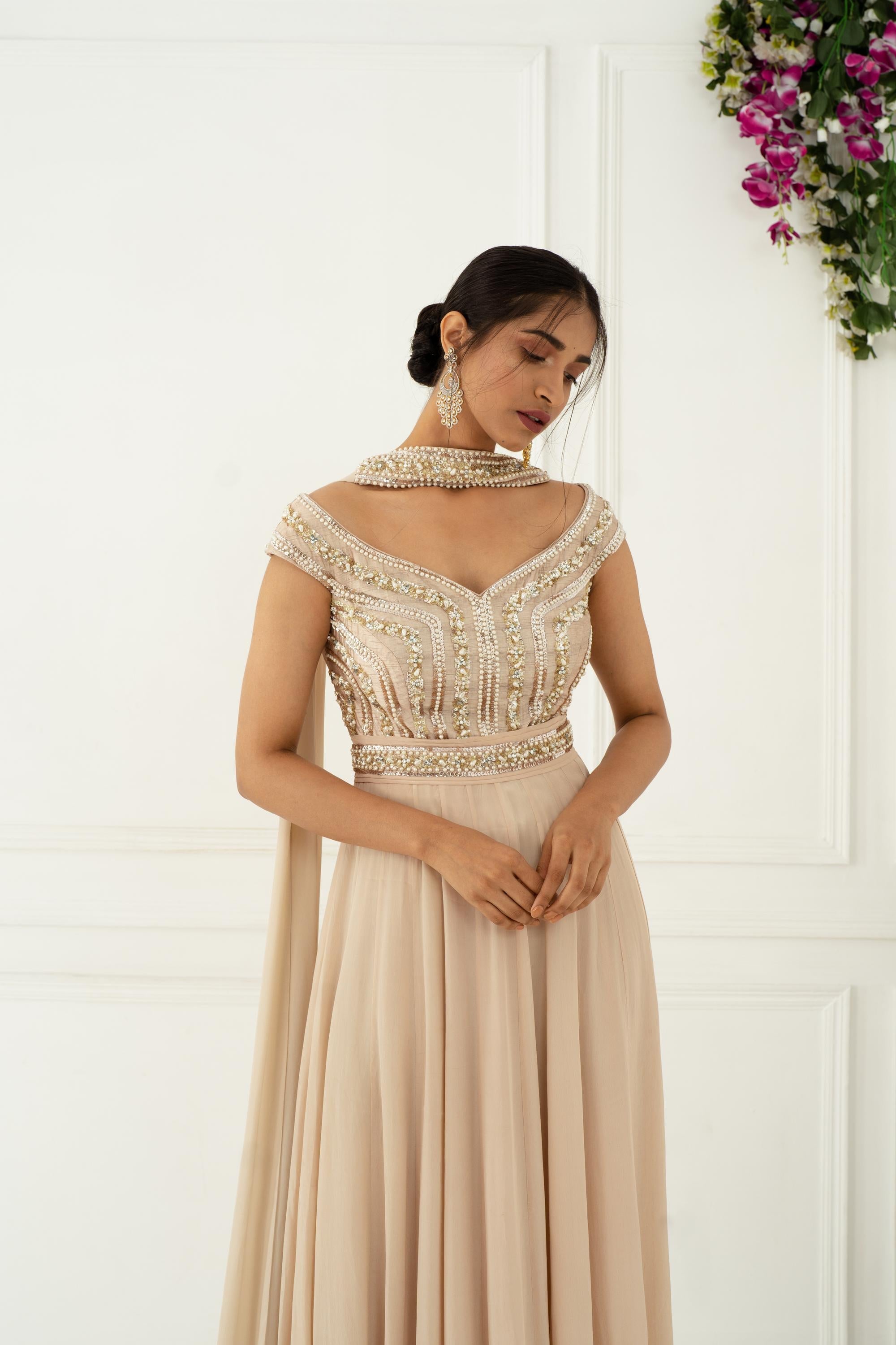 Beige Embroidered Floor Length Anarkali