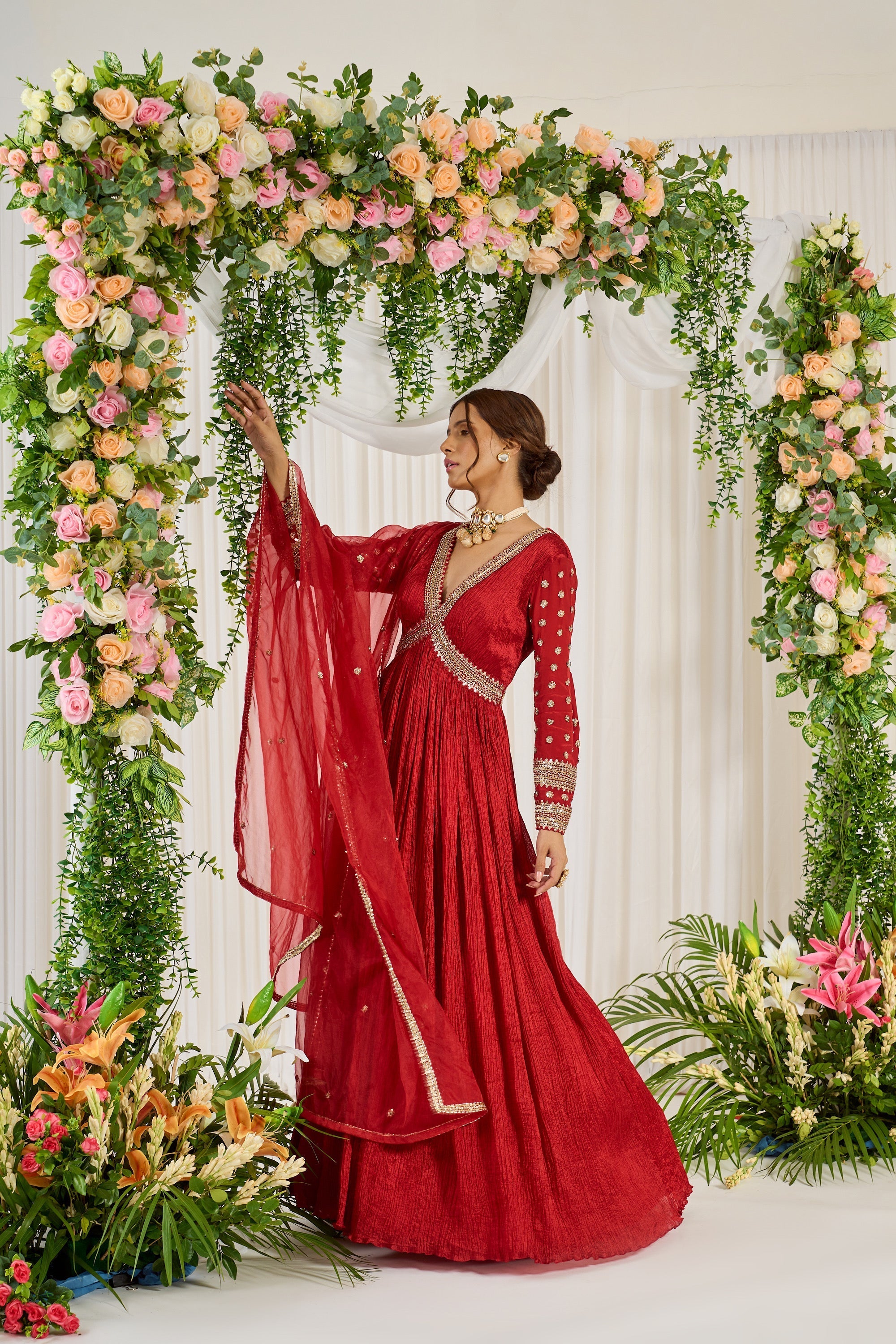 Red Floor Length Embroidered Karwa Anarkali | Nidhika Shekhar