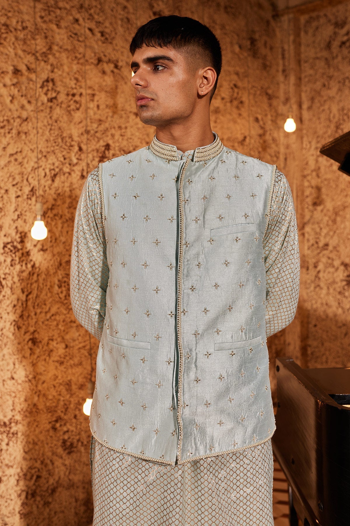 Aqua Kurta Set With Silk Bandi