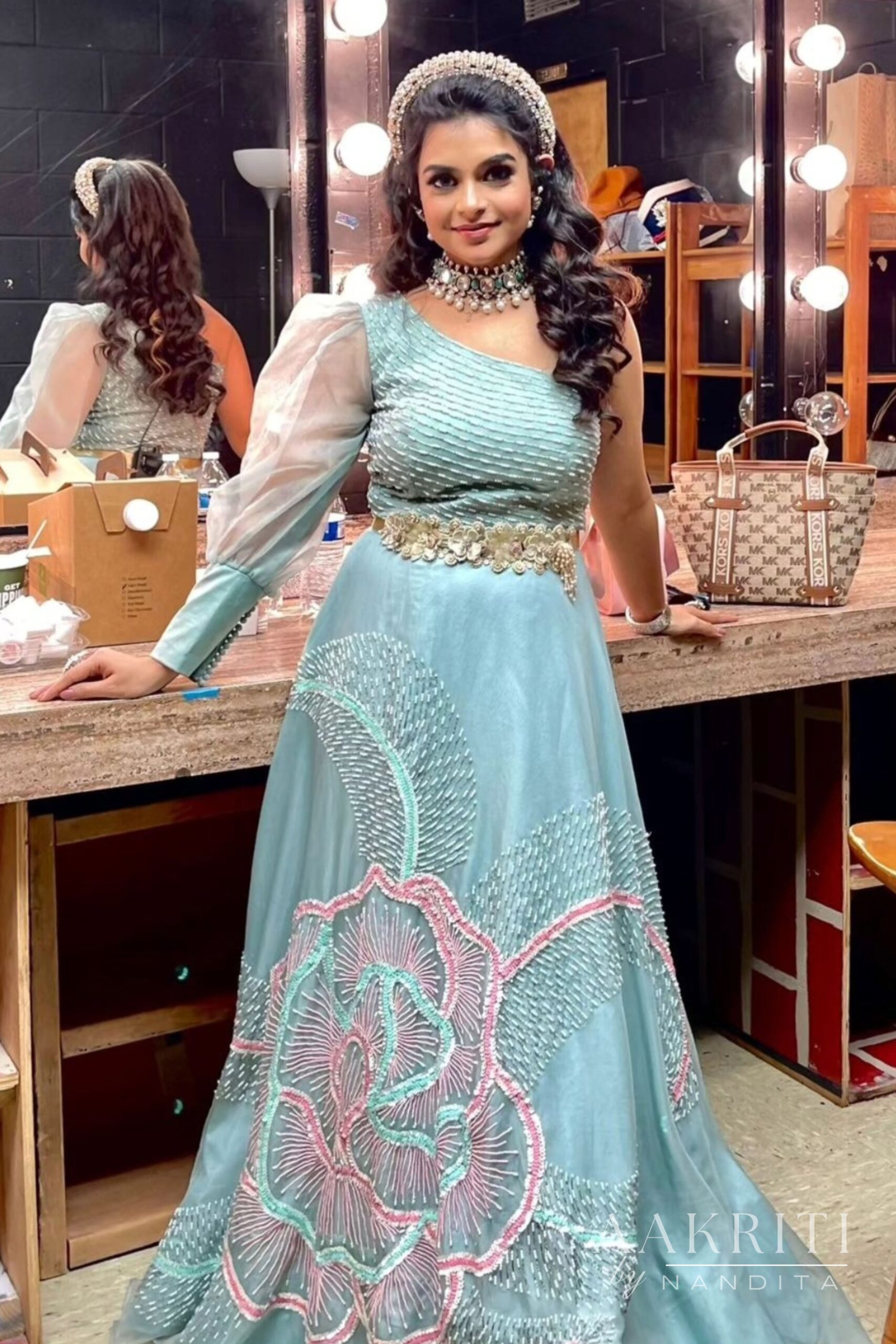 Antara Nandy In Sea Sky blue Indowestern Lehenga