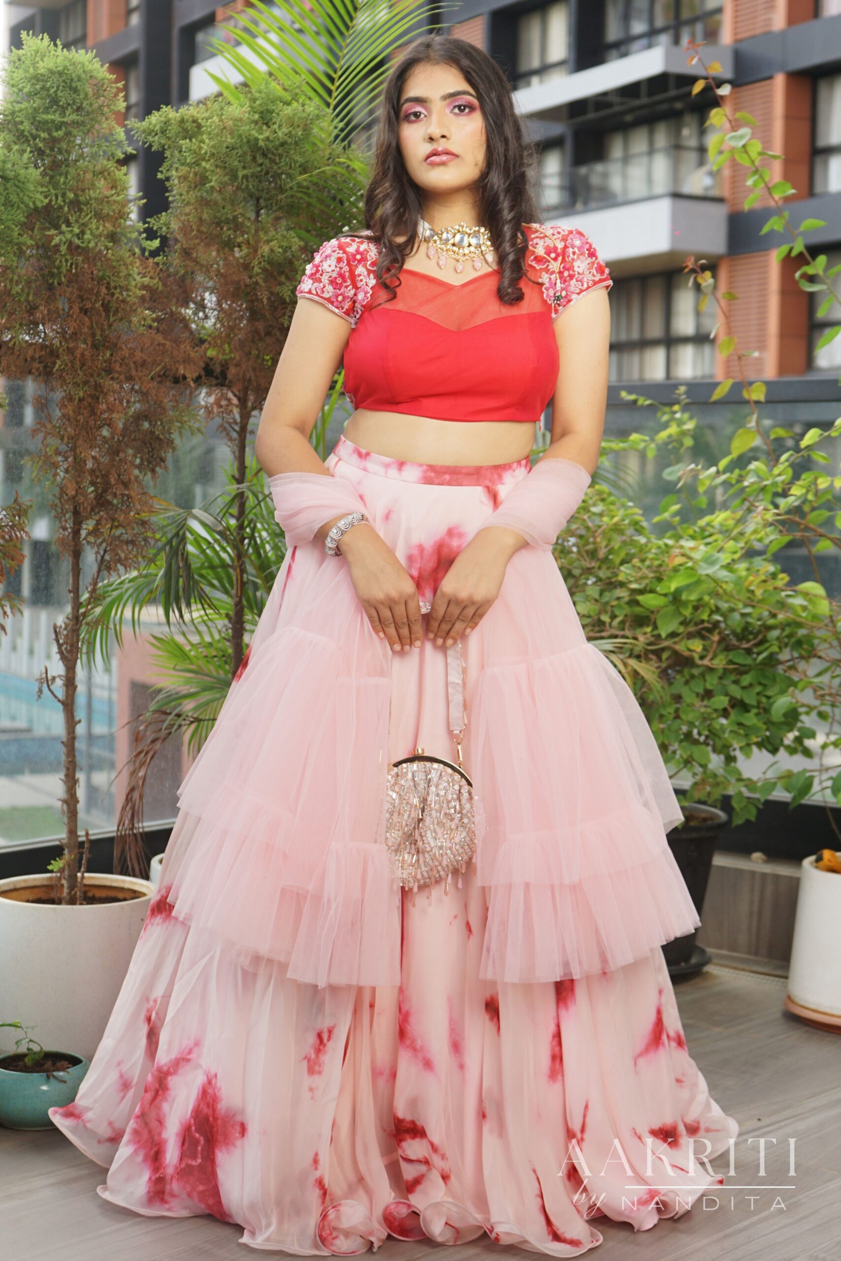 Red Coloured  Tie And Dye Organza Lehenga