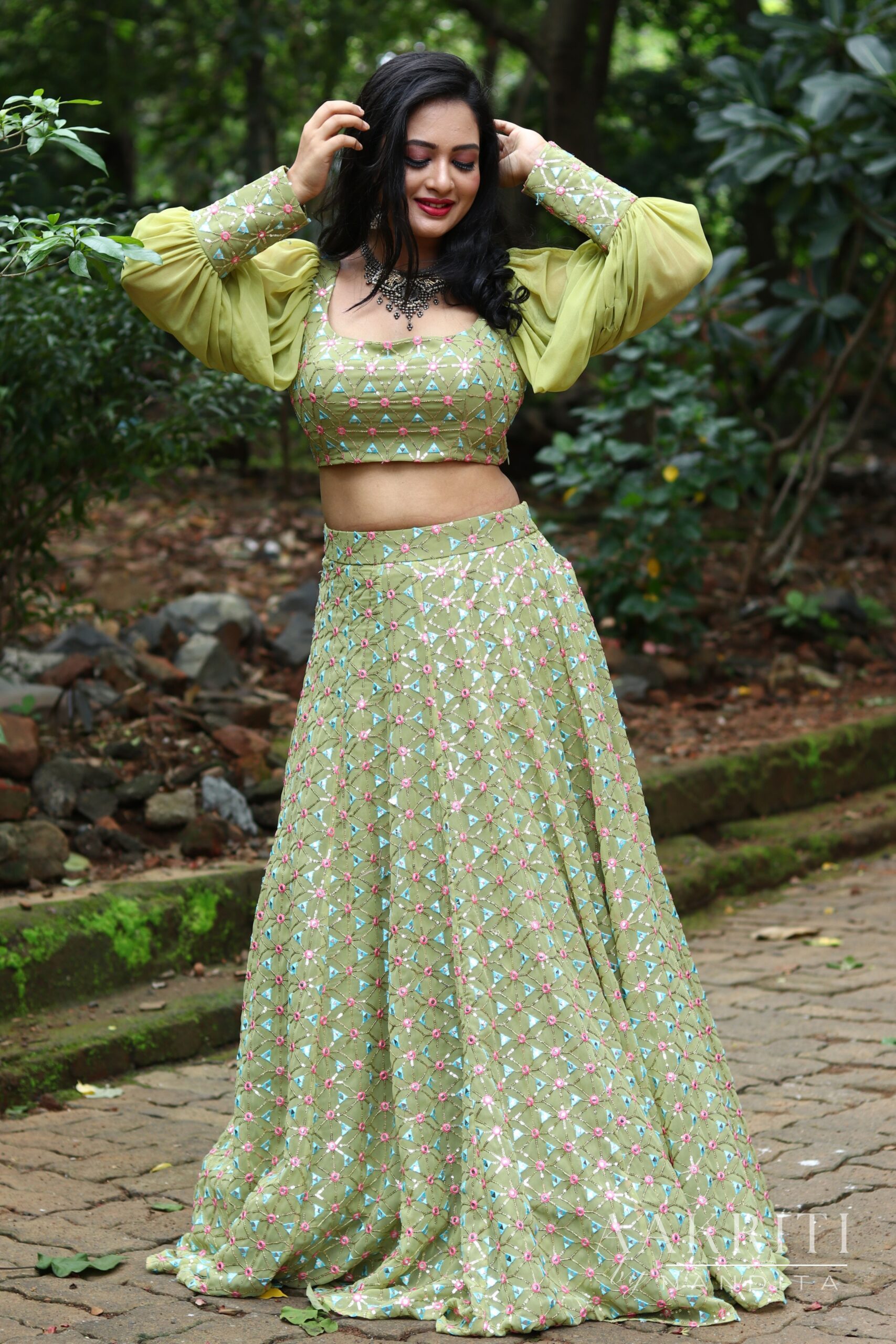 Green Printed Georgette Lehanga